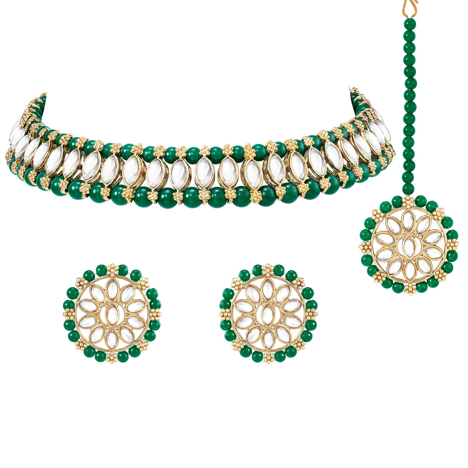 Peora Traditional Gold Plated Kundan Choker Necklace Round Stud Earring & Maang Tikka Ethnic Jewellery Set Gift for Women & Girls (Green) (B0BMGVFYZX) Amazon Price History, Amazon Price Tracker