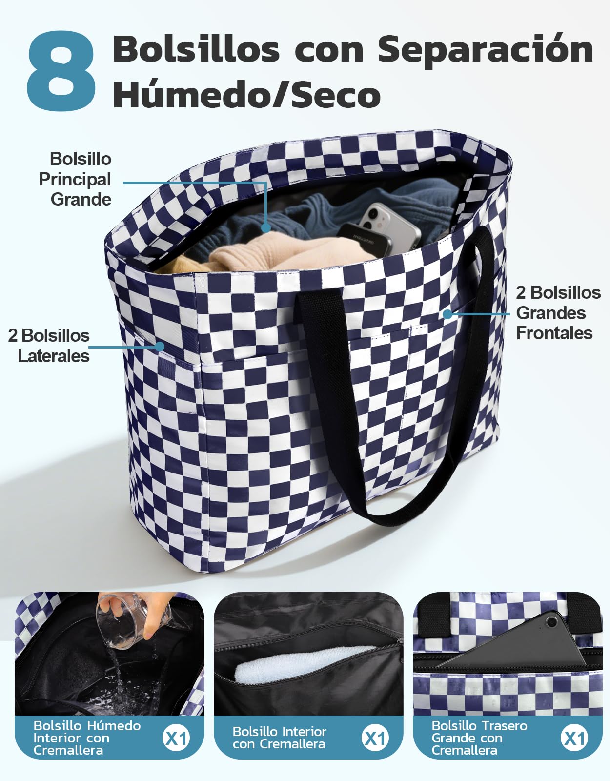ISEYOU Bolsa Playa con Nevera Separada, Bolsas de Playa Hidrófugo con Compartimento Húmedo, Bolso Grande XXL Familiar Con Cremallera, Plegable, 8 Bolsillos, Adecuada para Piscina, Picnic y Compras