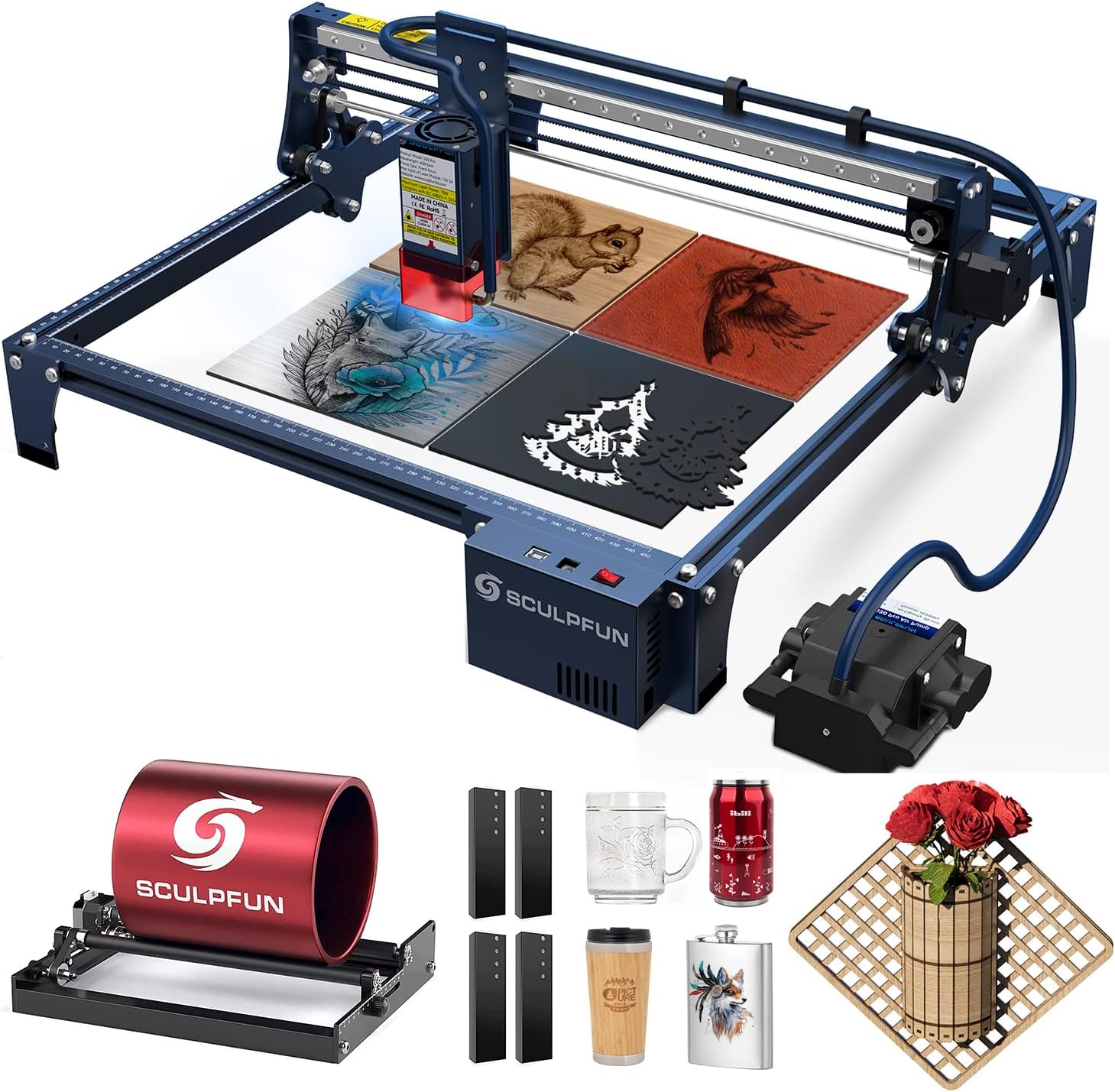SCULPFUN S30 Pro Max Laser Engraving Machine with Laser Rotary Roller and Automatic Air Assist, 20W Optical Power CNC Laser Engraver and Laser Cutter, High Precision for Wood Metal Glass Acrylic