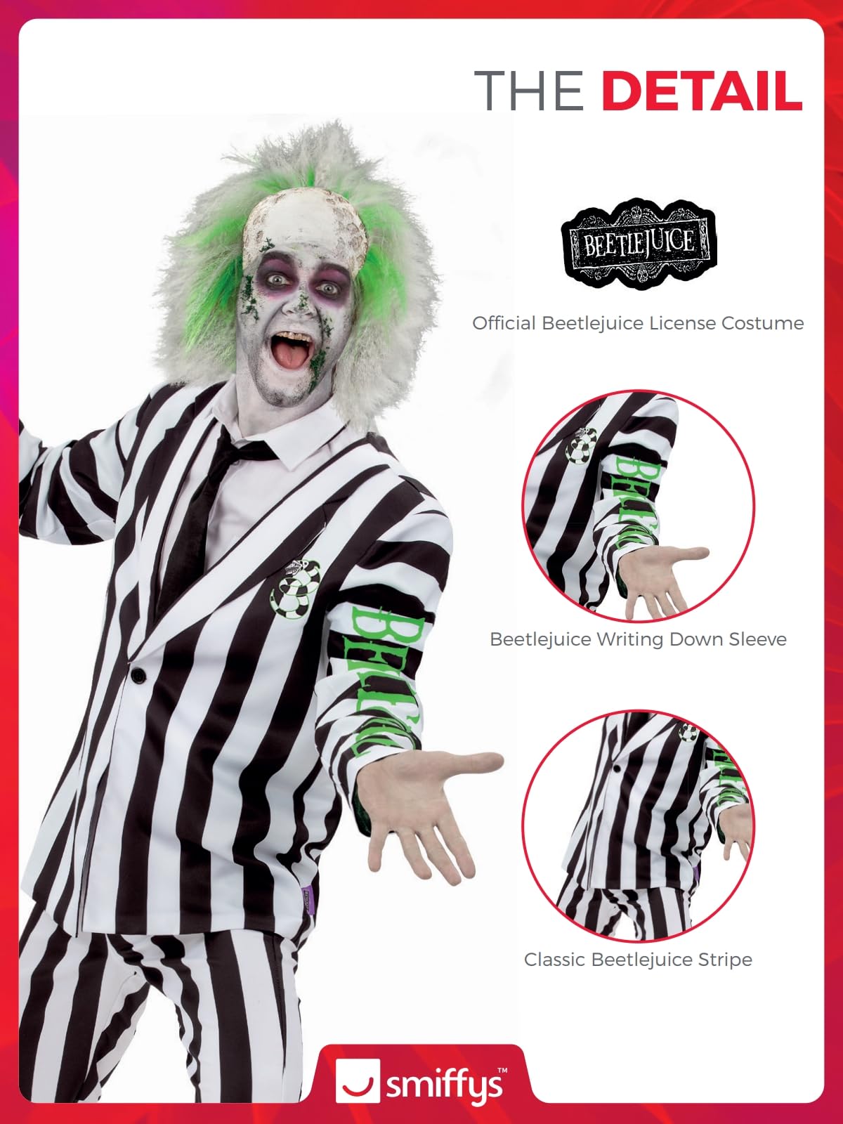 Smiffys Beetlejuice - Costume da bambino con giacca, camicia finta cravatta e pantaloni, licenza ufficiale Warner Brothers, costume classico Beetlejuice a righe con costumi per la famiglia abbinati