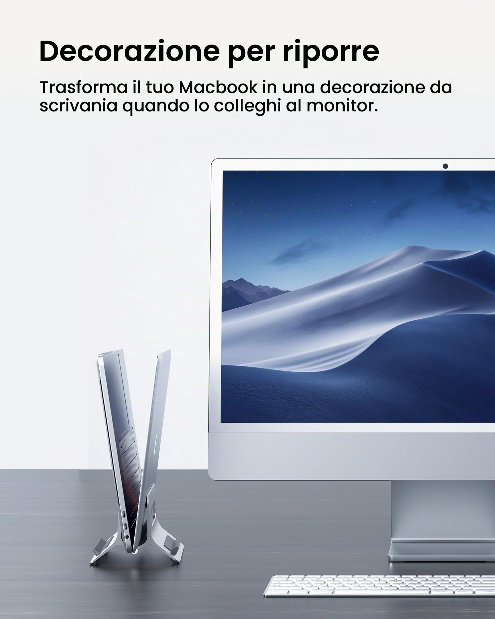 SODI Supporto per laptop verticale in alluminio, per MacBook Air, MacBook Pro, iPad, iPhone, con bloccaggio a gravità, regolazione automatica, design minimalista e ergonomico