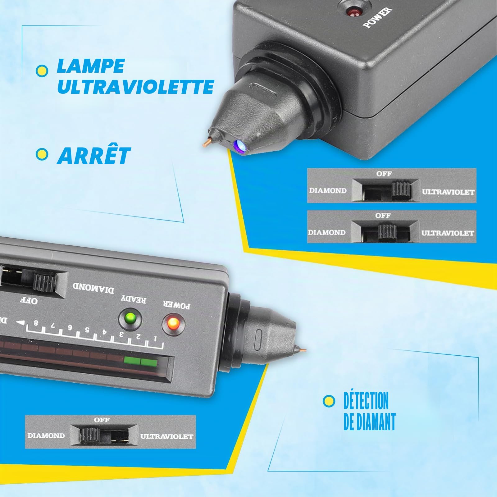 Stylo de test de diamant électronique portable avec lumière UV, outil de test de dureté professionnel pour les vrais diamants, pierres de bijouterie, débutants et experts