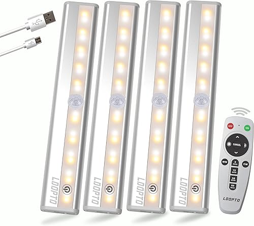 LDOPTO Luces para debajo del gabinete, luces USB recargables a pilas con control remoto, luces LED regulables, luces inalámbricas debajo del
