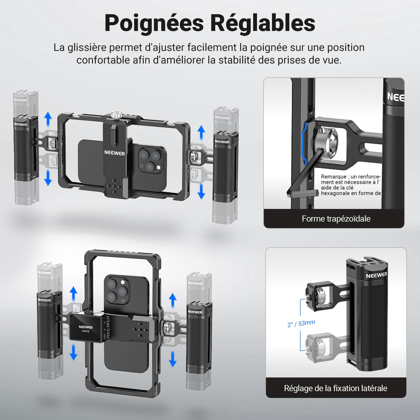 NEEWER Kit de vlogging pour téléphone amélioré, stabilisateur vidéo avec Double poignée, Fente Micro sans Fil pour Tiktok/Youtube, Compatible avec SmallRig iPhone 16 15 14 13 Pro Max Galaxy S23, PA009