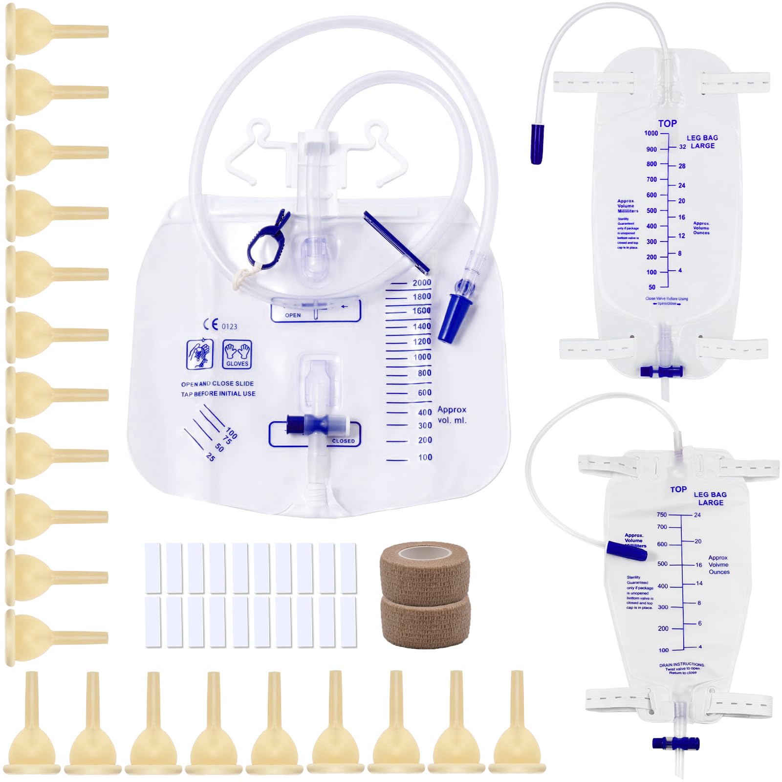 External Male Catheters Kit with 2 Leg Bags 750mL & 1000mL, Overnight 2000mL Urine Bags, 20 Soft Latex, 2 Rolls Tape, Condom Catheters for Men Day and Night Incontinence Care, Dignity & Comfort(30mm)