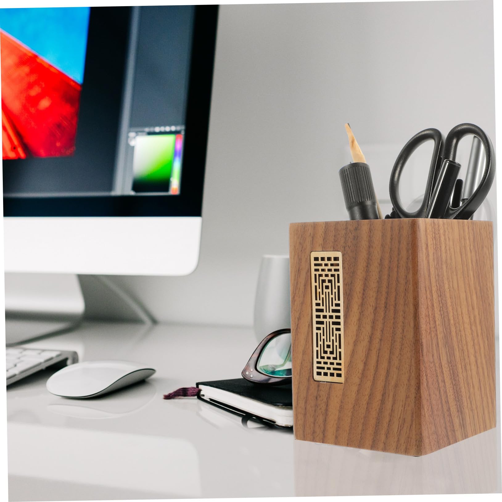 Stiftehalter und Büro im für Desktop Dekoration Japanischen Stil Schlichter Großer Kapazität mit kratzfest eleganter Schreibtisch Organizer aus Schwarzem Walnussholz