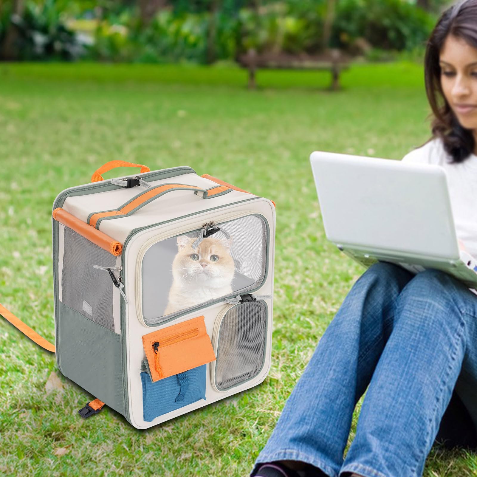 Zaino per animali domestici 2 in 1, con ruote, traspirante, per cani e gatti, con trolley trasparente, in tessuto Oxford con manico telescopico, fino a 12,5 kg