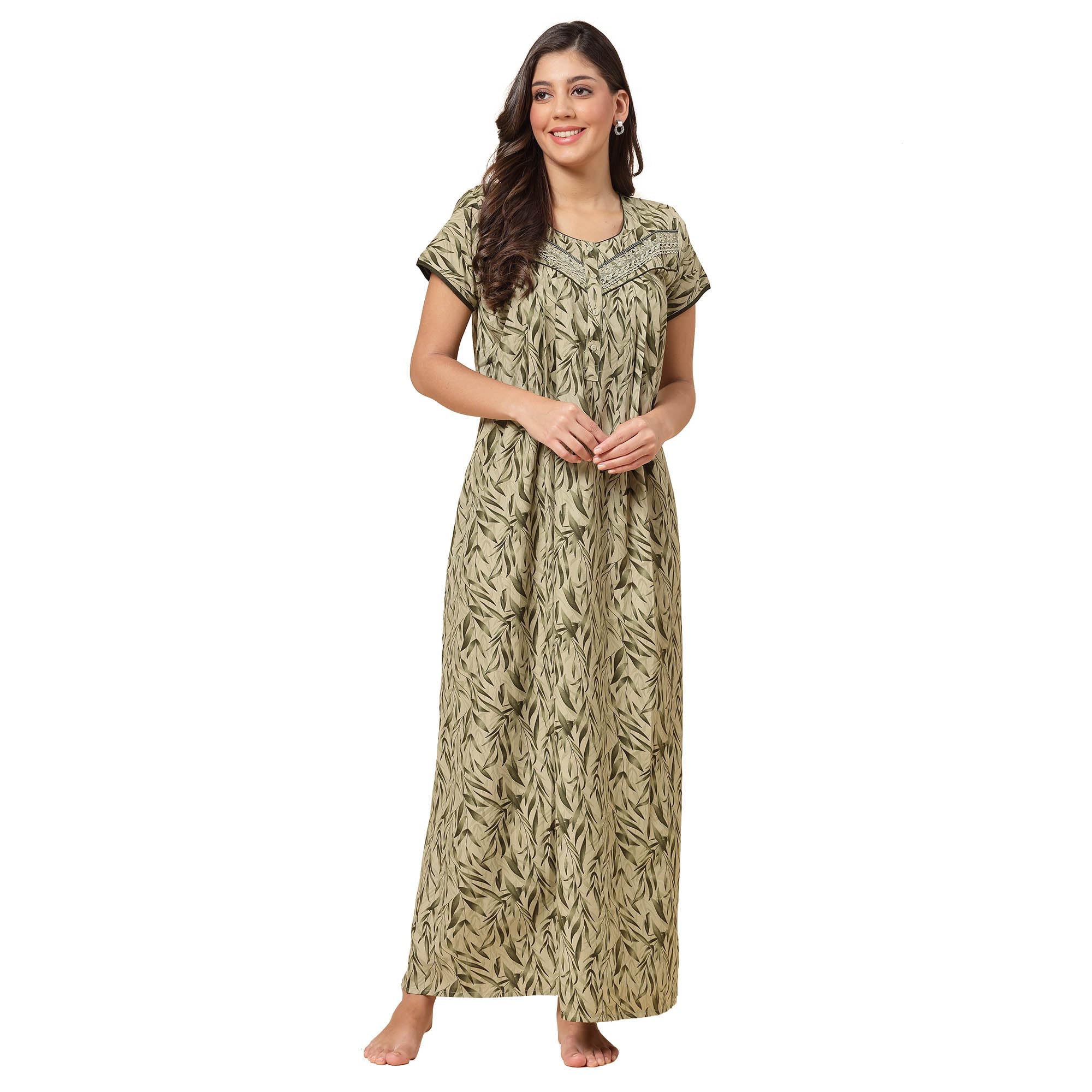 Sweet Dreams Women Leaf Print Half Sleeves Cotton Blend Maxi Nightdress Olive
