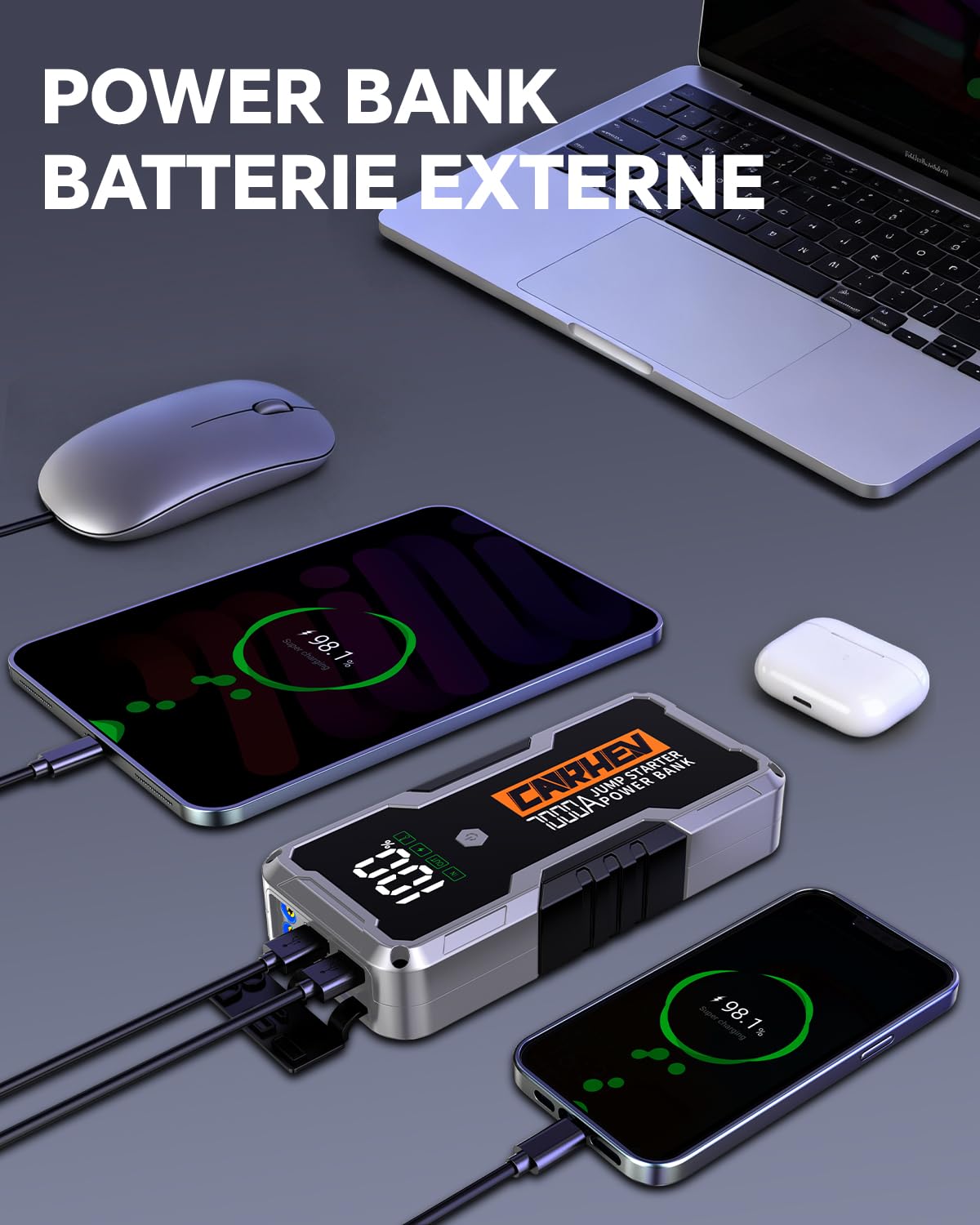 CARHEV Booster Batterie Voiture 7000A, Démarreur de Batterie de Voiture (Jusqu’à 10L Essence & 10L Diesel), 12V Booster Batterie Moto avec Lampe à LED, Car Jump Starter avec Pinces Intelligentes