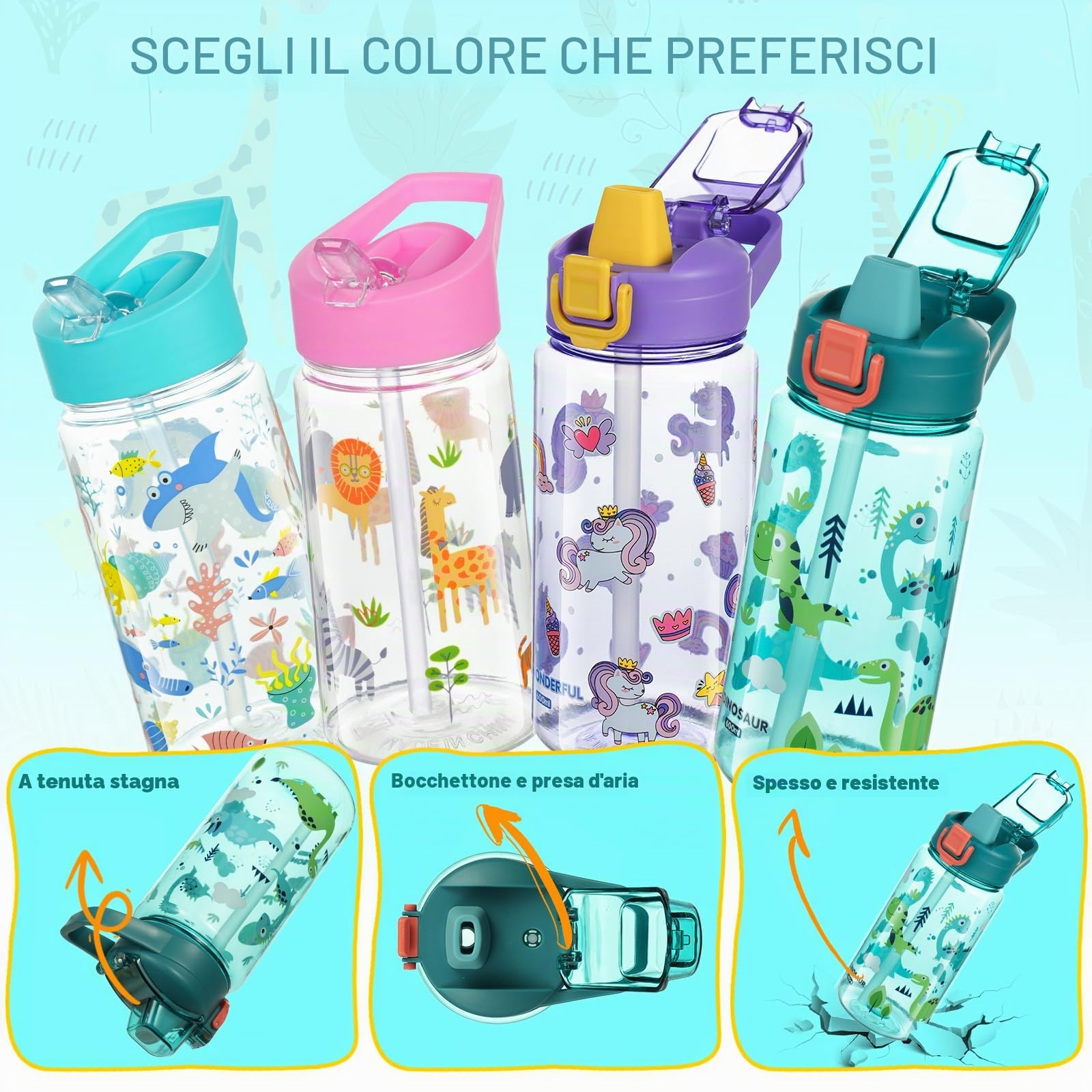 Flintronic Borraccia Bambini 600ML Senza BPA Bottiglia Acqua Cannuccia Prova Perdita Dinosauro