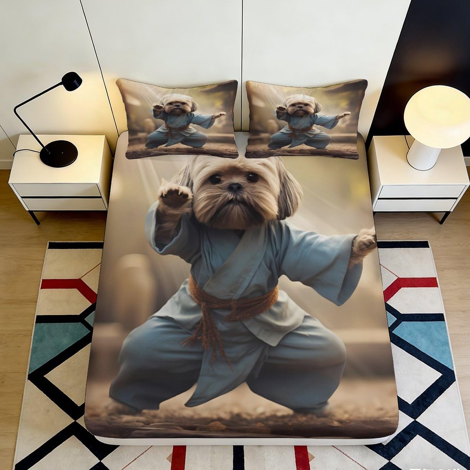 3D Printed Martial Arts Dog Fitted Sheet Microfiber Soft Durable 3D Printed Karate Puppy Mattress Cover for Bedroom Dormitory Guest Room Decor 160x200x25cm