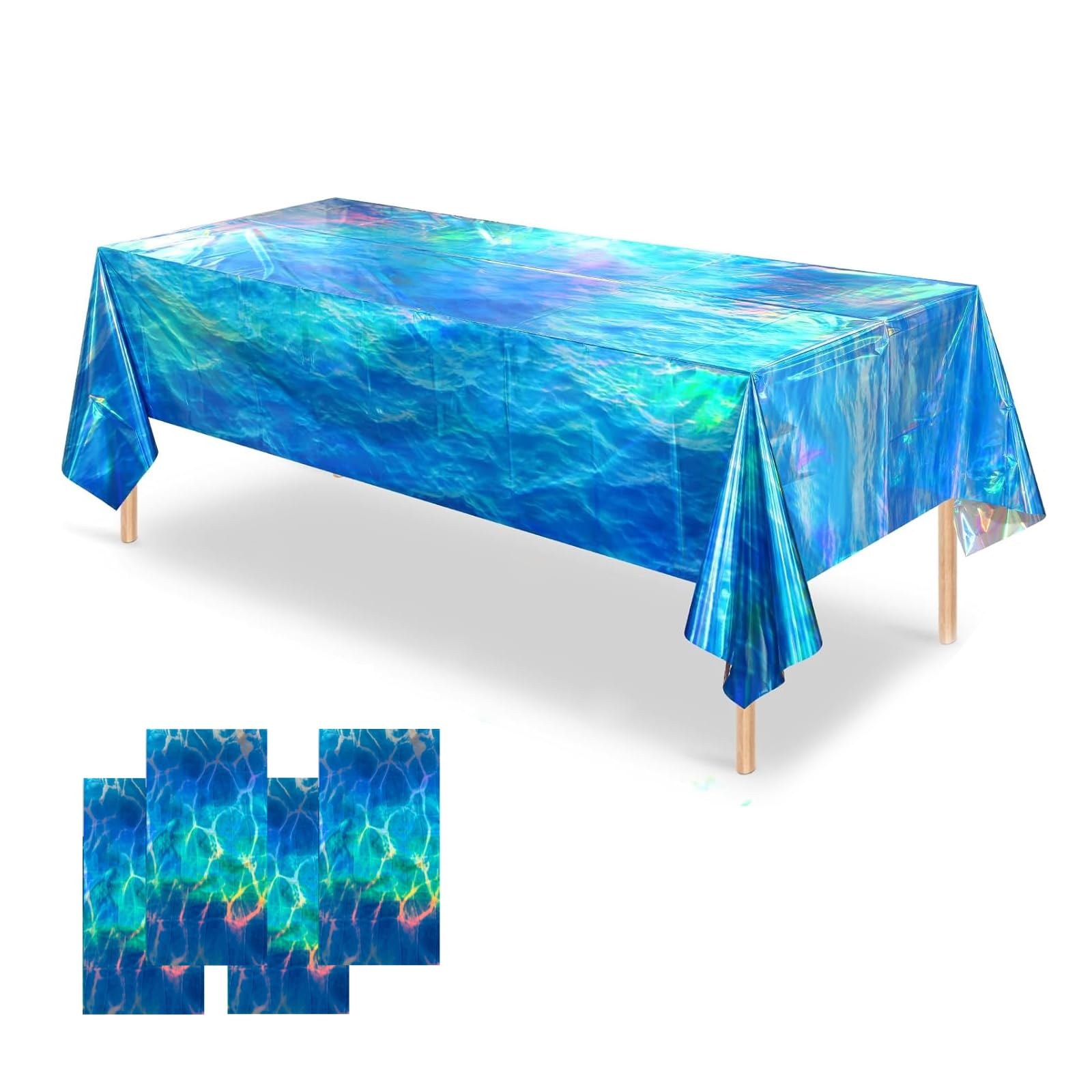 OQOQ Ocean Wave Iridescent Tablecloth(4 Packs) - 108x54 Inches Reflective Blue Plastic Tablecloth Disposable Table Cover Supplies for Boys Birthday