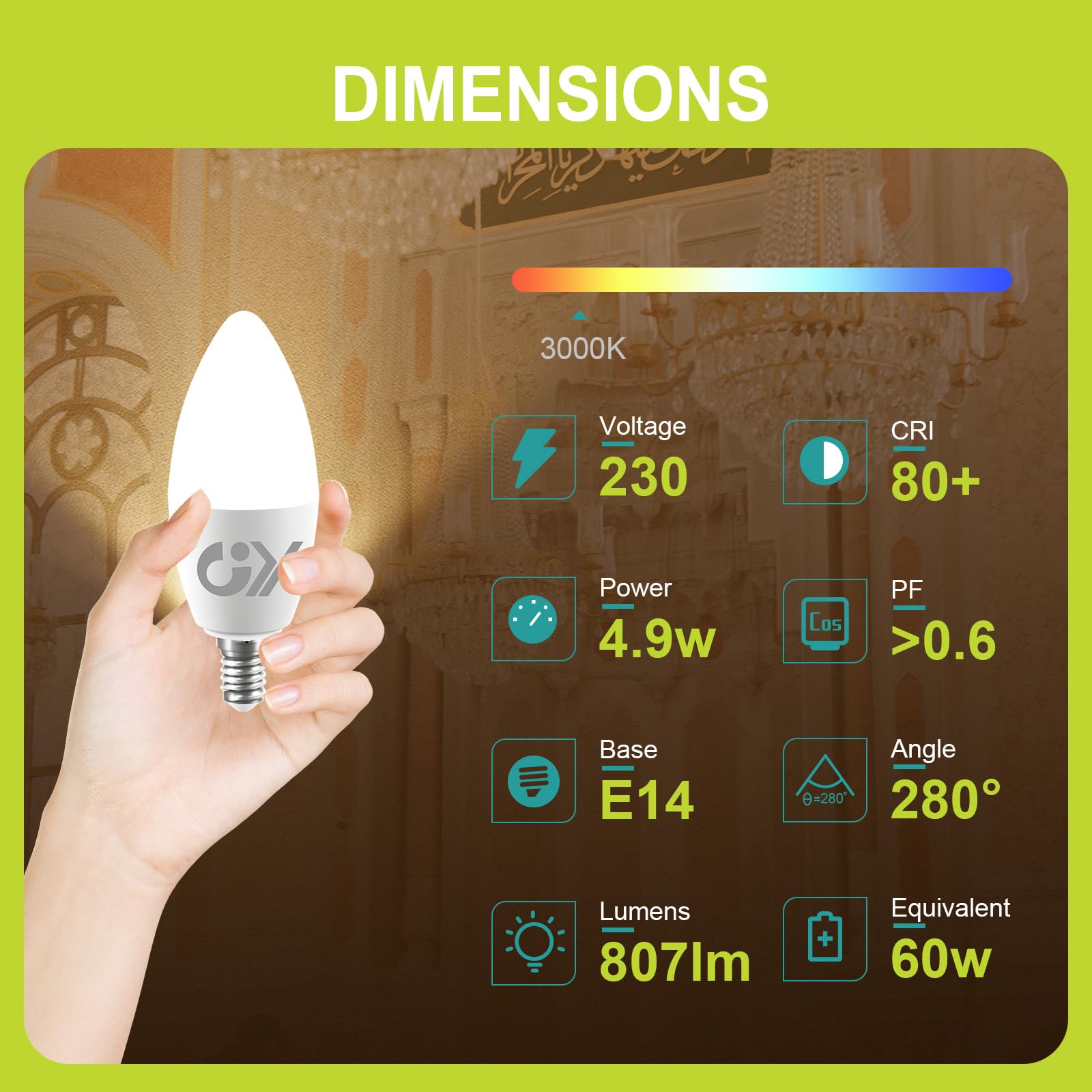 GY Lampadine LED E14, 4.9W (equivalenti a 60W), 807 Lumen, 3000K Bianco Caldo, Risparmio Energetico E14 LED, Lunga Durata, Basso Consumo,Non Dimmerabile, 6 pezzi