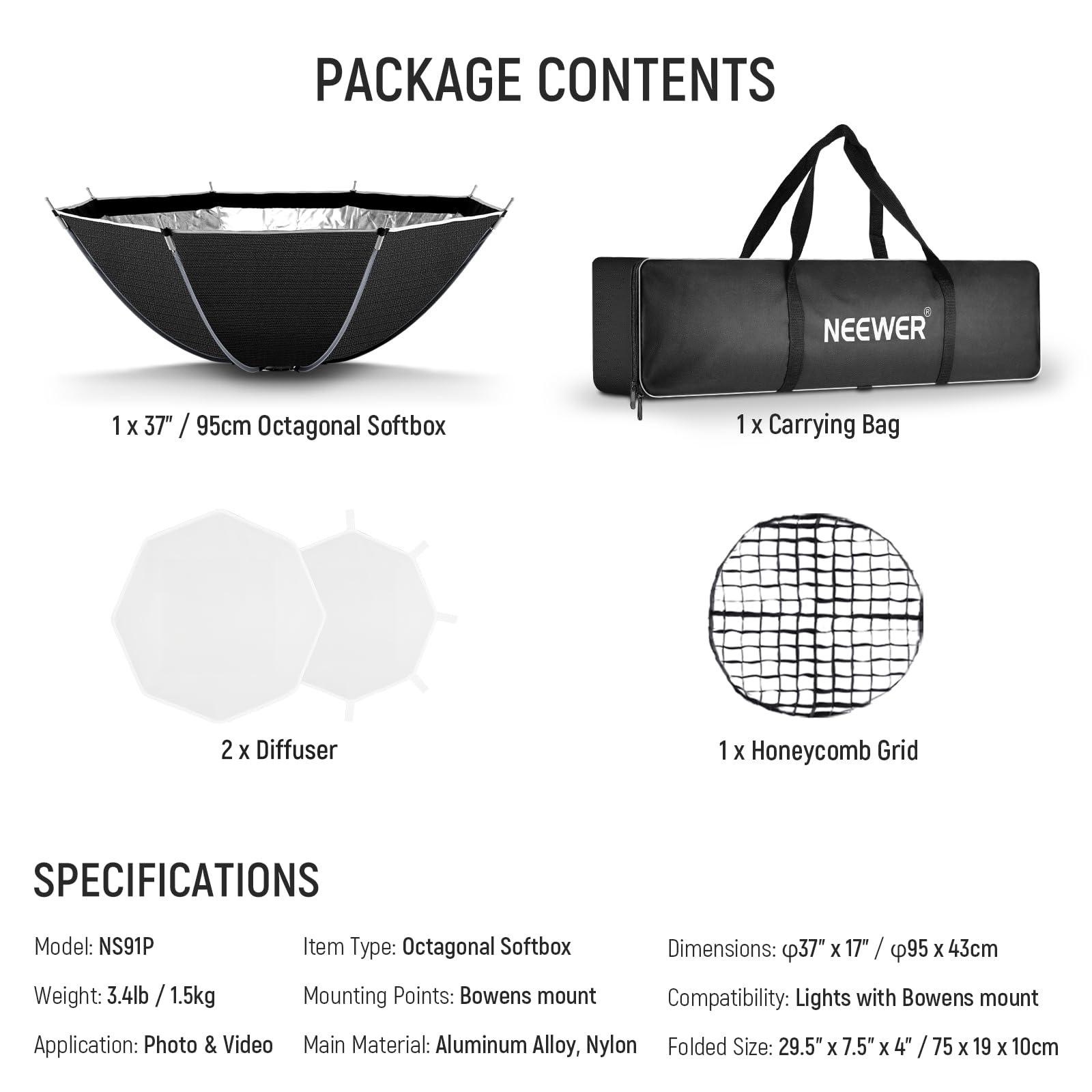 NEEWER 95cm Achteckige Octagonal Softbox, Quick Release Soft Box mit Bowens Mount Adapter Diffusor Gitter Tasche, für RGB CB60 CB60B CB200B MS60B MS60C MS150B Vision 4 Q4, kompatibel mit Godox, NS91P