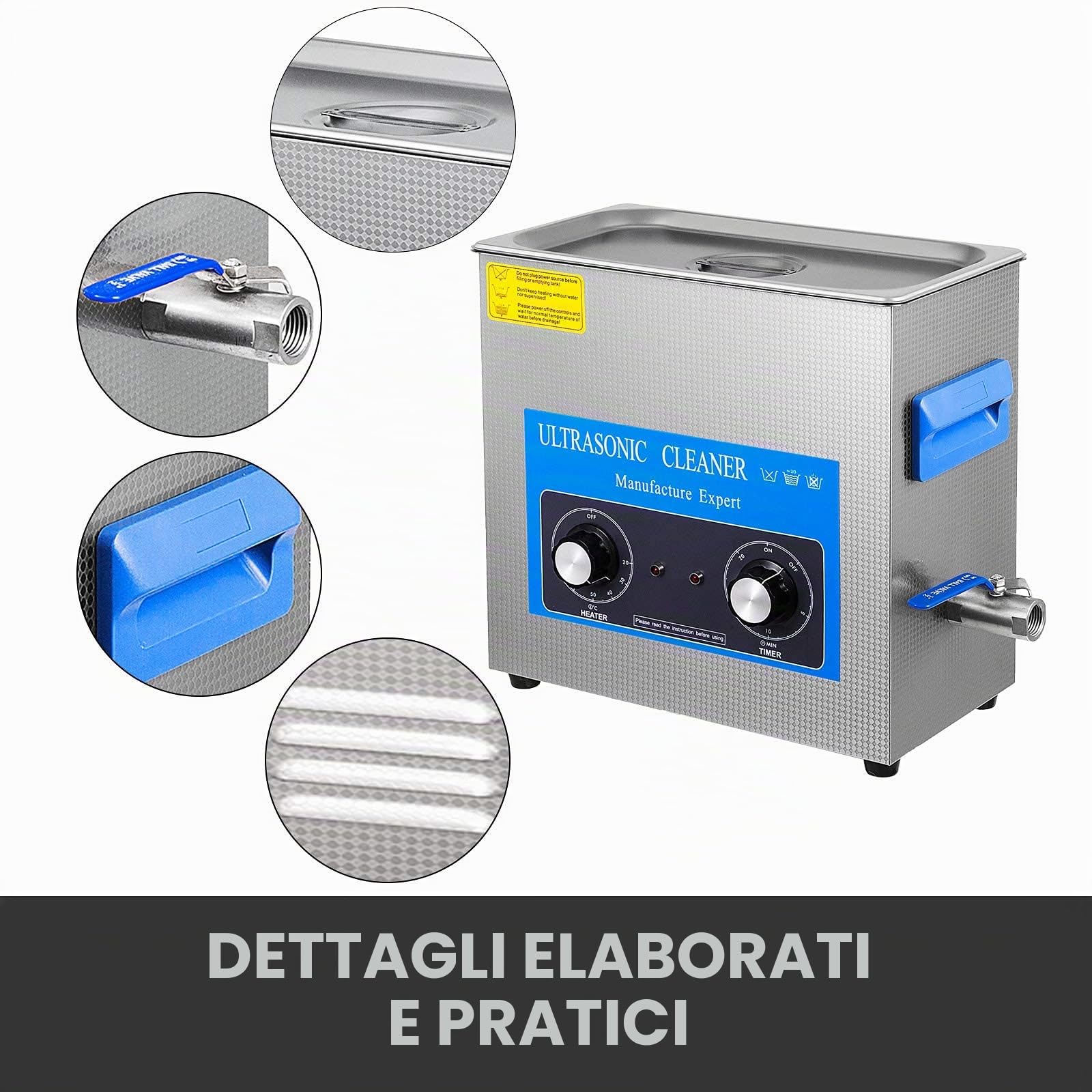 VEVOR Pulitore a Ultrasuoni con Timer di Riscaldamento 6,5L, Pulitore a Ultrasuoni Professionale 220V, Pulitore a Ultrasuoni in Acciaio Inox 40 kHz per la Pulizia di Anelli, Occhiali, Strumenti