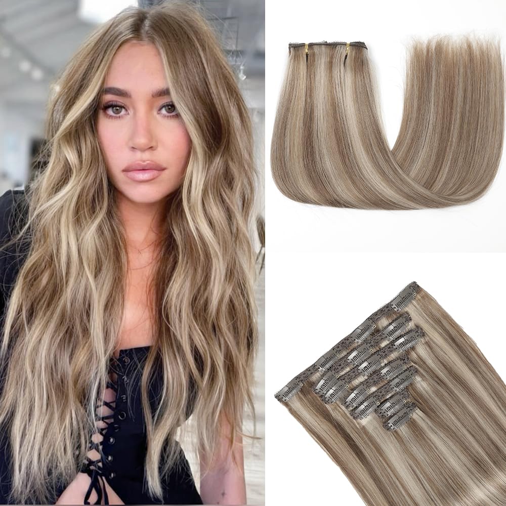 HotLulana Extension Capelli Veri Clip 7pcs 45cm 120g Extension Capelli Veri 18 Pollice Extension Capelli Clip Invisible Extension Clip Capelli Veri Clip IN Extension Human Hair P6/18K#