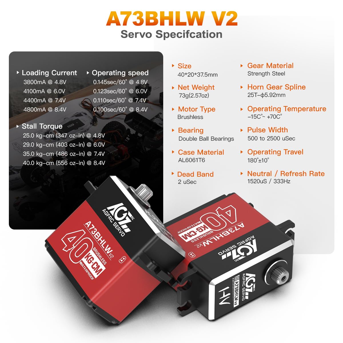 AGFRC A73BHLW V2 40KG IP67 Waterproof Brushless 110 RC Servo | Full Metal Gears HV Programmable Digital Servo with 25T Metal Horn Ideal for 110 RC Cars Boats & Crawlers product thumbnail 3