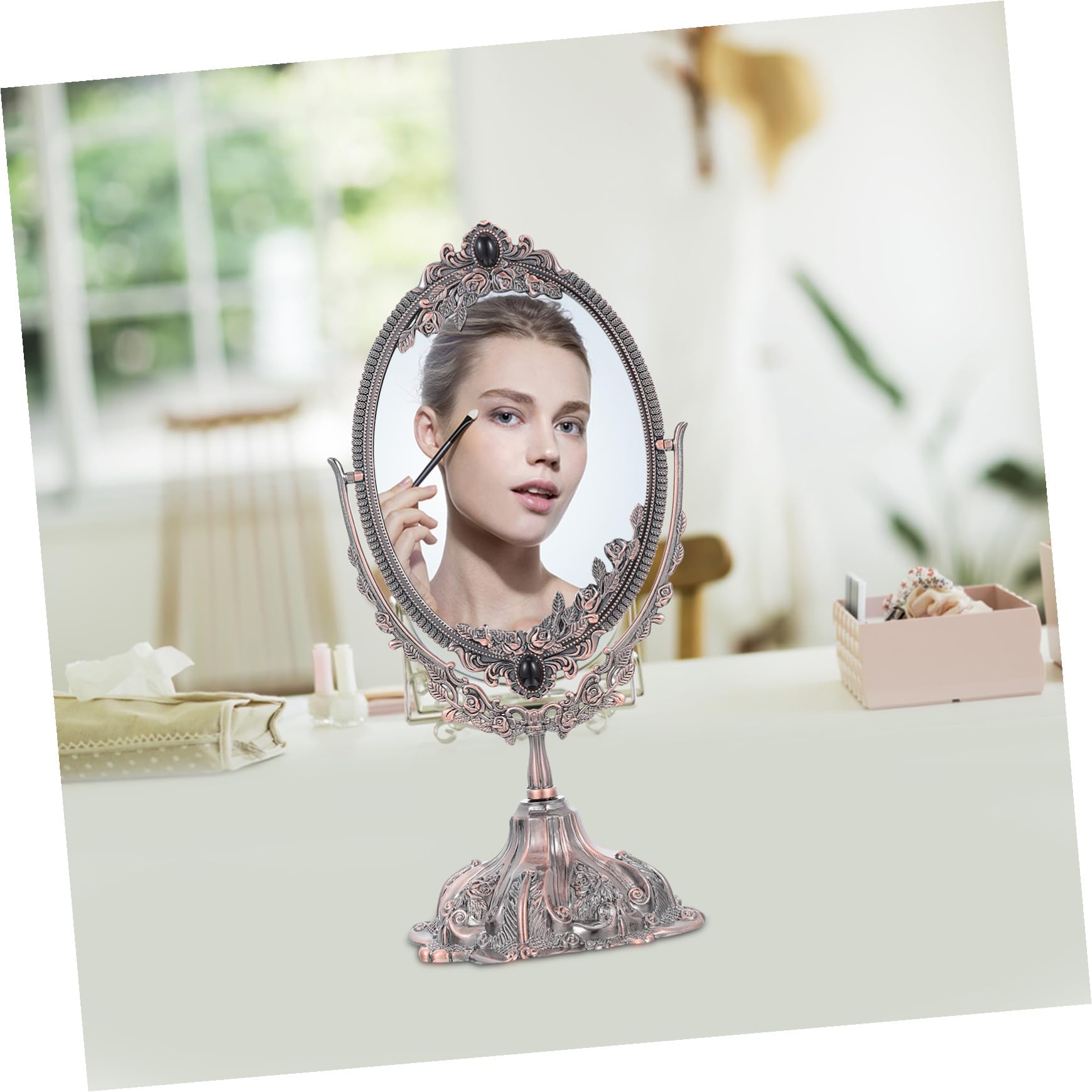PLAFOPE Doppelseitiger Vintage Schminkspiegel aus Zinklegierung | Rotierbar mit Flachem Standfuß, Hochauflösende Ansicht, für Make Up und Hochzeit