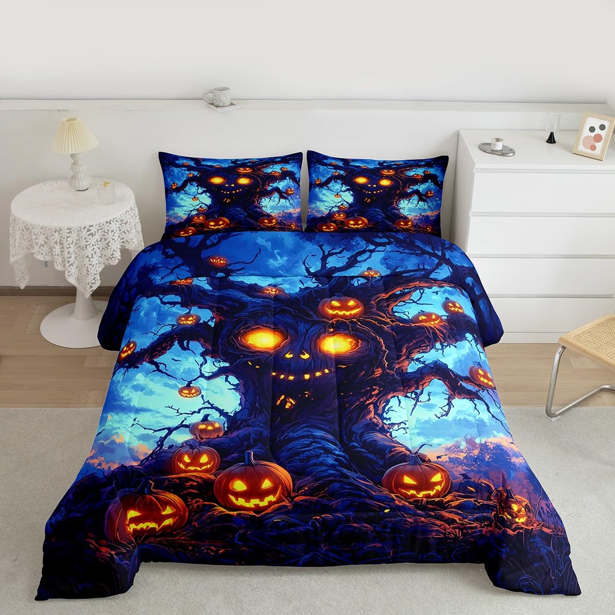 Homewish Gotycka dynia pojedynczy zestaw pościeli – zestaw pościeli na Halloween, pomarańczowe dynie, lampiony, zestaw kołdry, dla dzieci, chłopców, dziewcząt, dorosłych, upiorne gotyckie dekoracje