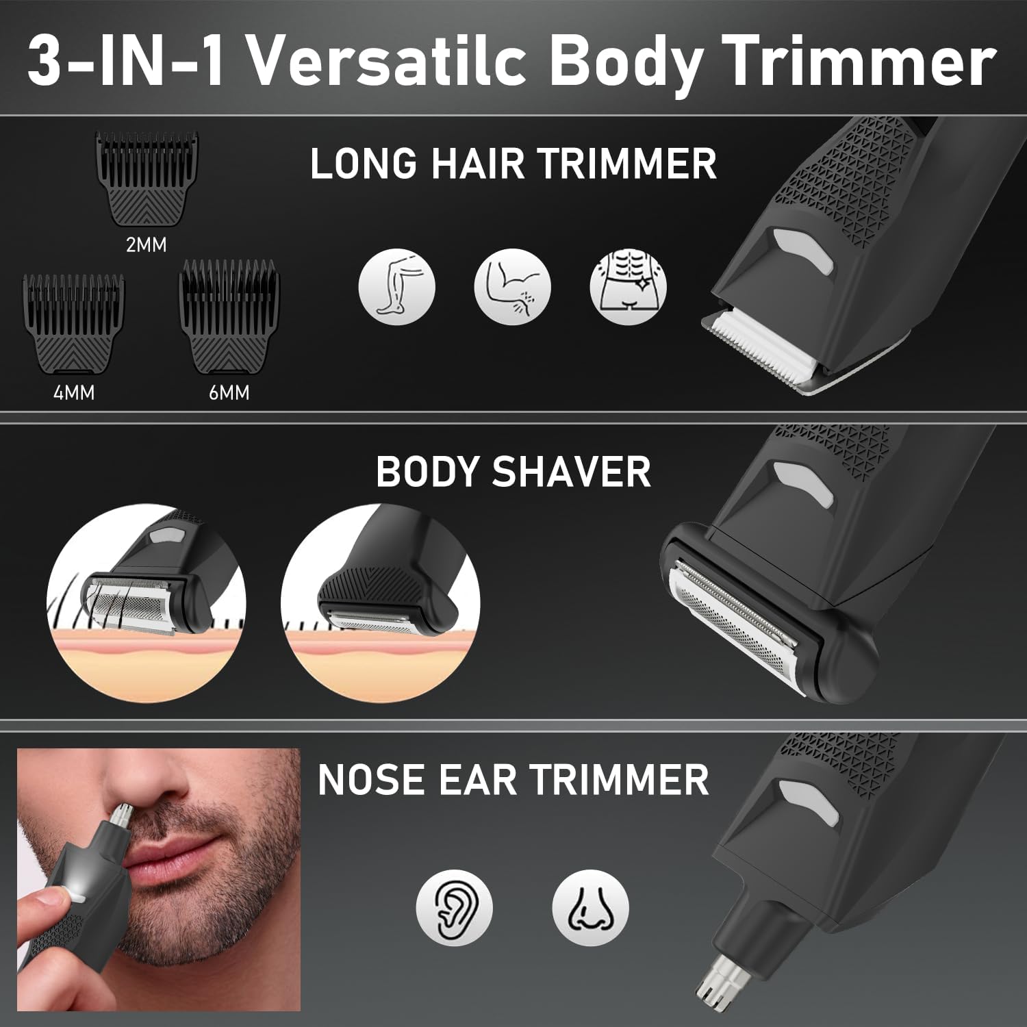 Body Hair Trimmer for Men, 3 in 1 Electric Ball Groin Razor Shaver, Pubic Hair Trimmer for Wet/Dry Use, Cordless Charging Mens Groomer Kits with Led Spotlight