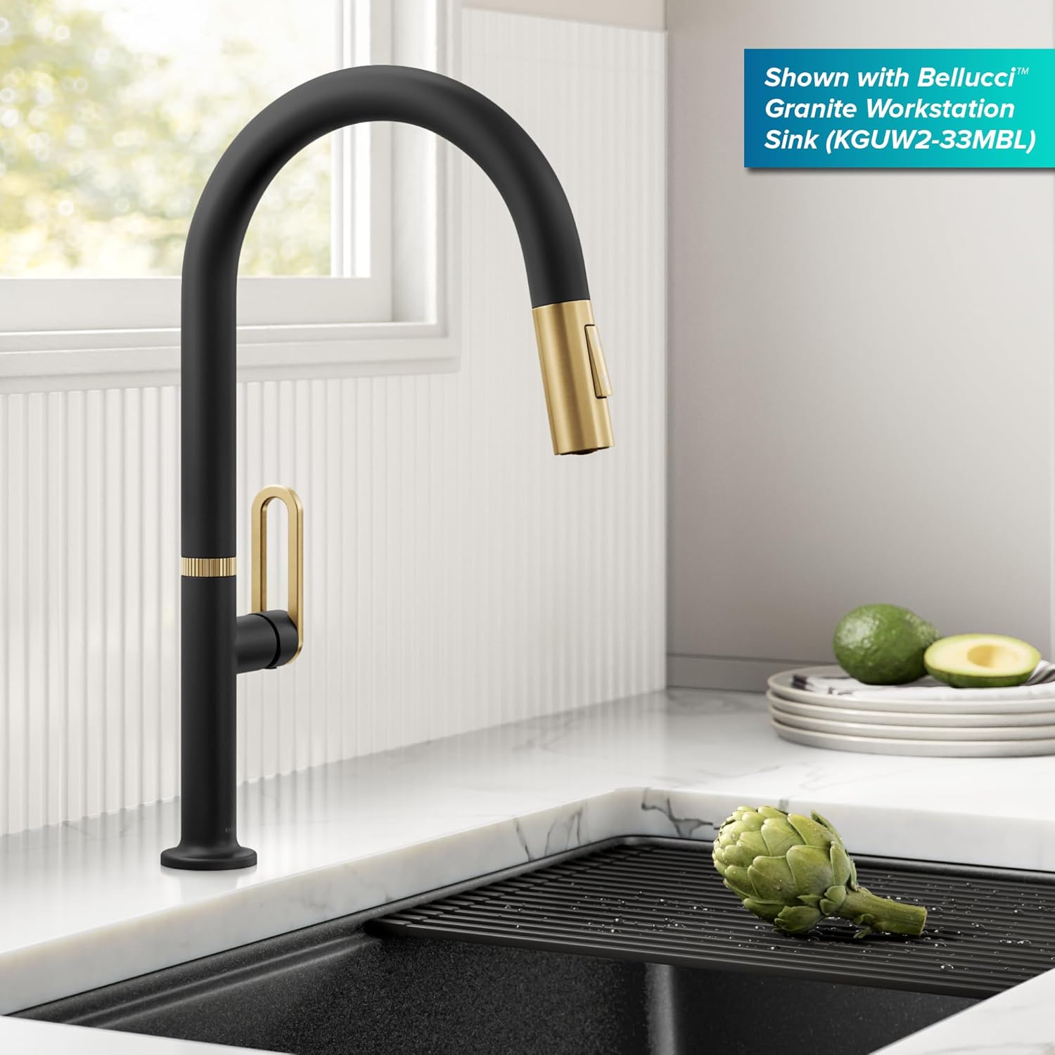 KRAUS Vetra 2-Function Single Handle Pull Down Kitchen Faucet in Spot-Free Brushed Brass/Matte Black, KPF-2850SFBBMB