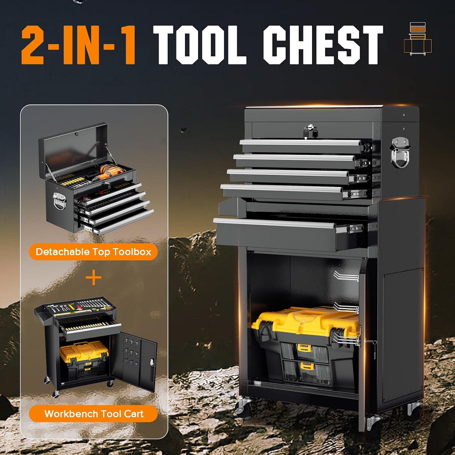 SUNCROWN 5-Drawer Rolling Tool Chest with Wheels, 2-in-1 Detachable Tool Box with Drawers, Removable Portable Top Box with Locking System for Garage, Workshop, Barbershop(Black)
