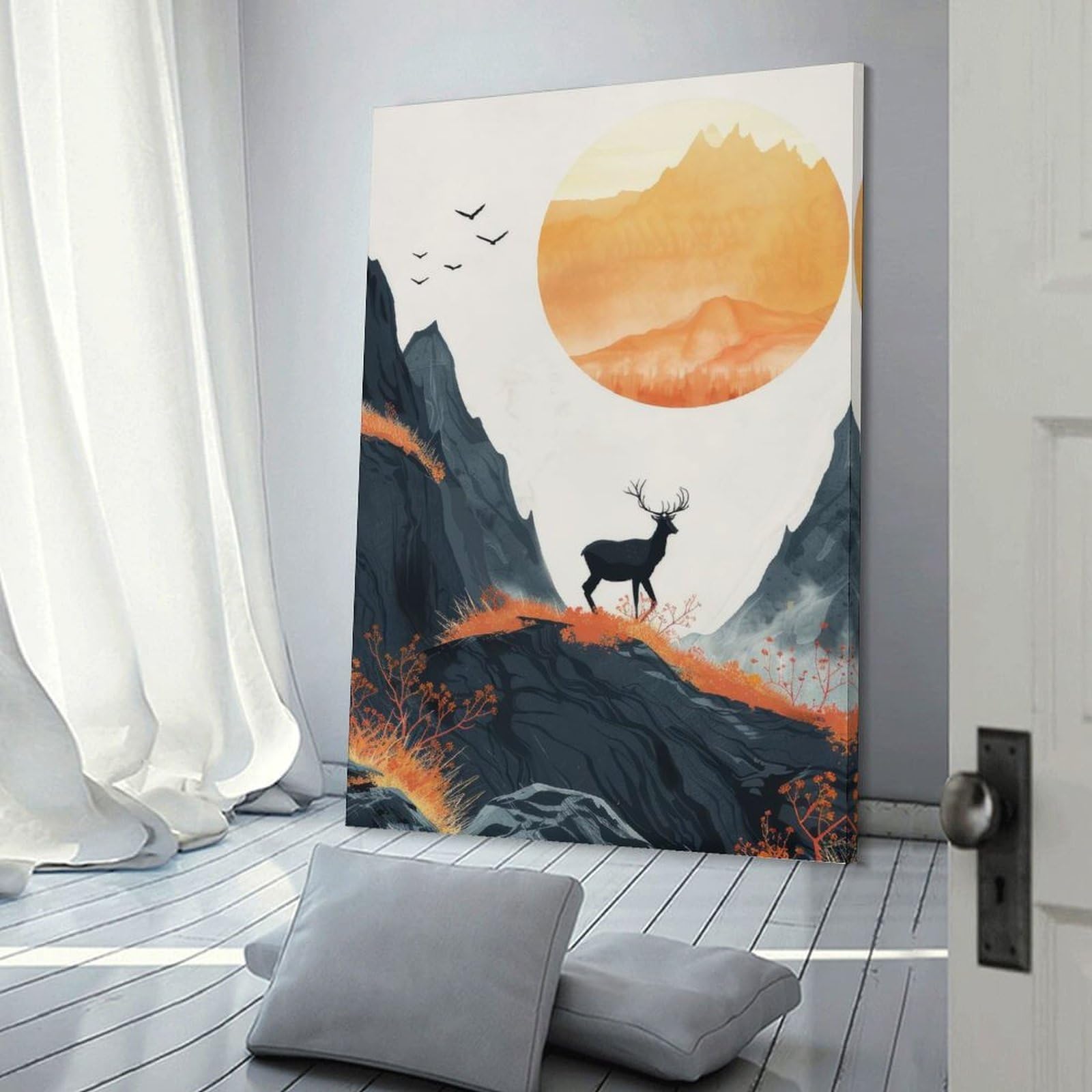 Junmoney Silhouette Stag in Sunrise Decorative Wall Artwork, 24x36inch(60x90cm), for Home Lounge, Bedroom Or Reading Nook, Eye Catching Artwork for Blank Walls