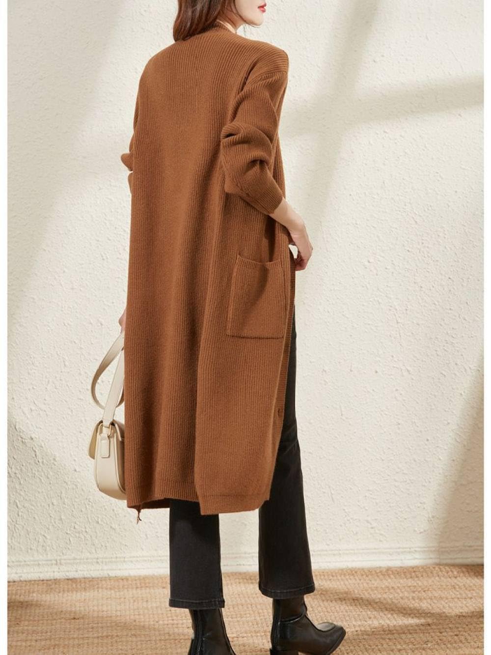 Cárdigan Largo de Punto para Mujer, Cárdigan Largo con Botones Delanteros Abiertos Y Bolsillos de Lana Mezclada para Otoño E Invierno, Chaqueta de Punto Cálida, Suéter, Ropa de Abrigo.