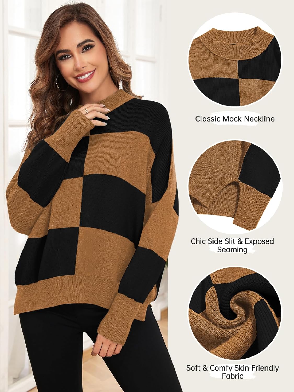 ZAFUL Womens 2025 Trendy Sweater Checkered Oversized Pullover Sweaters Side Slit Cozy Fall Winter Jumper Tops - Image 3