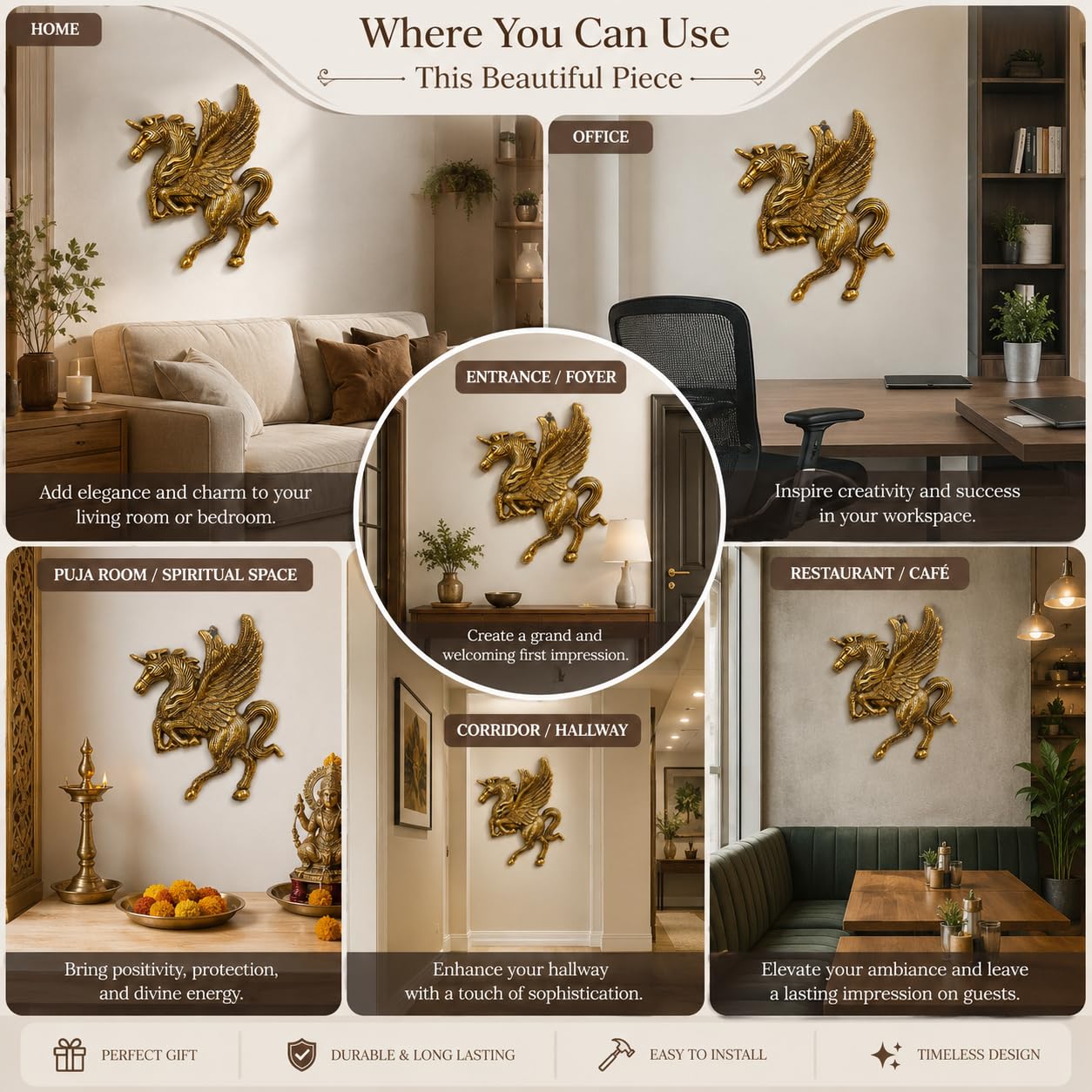 Golden Flying Horse Wall Decor - Metal Pegasus Art -5