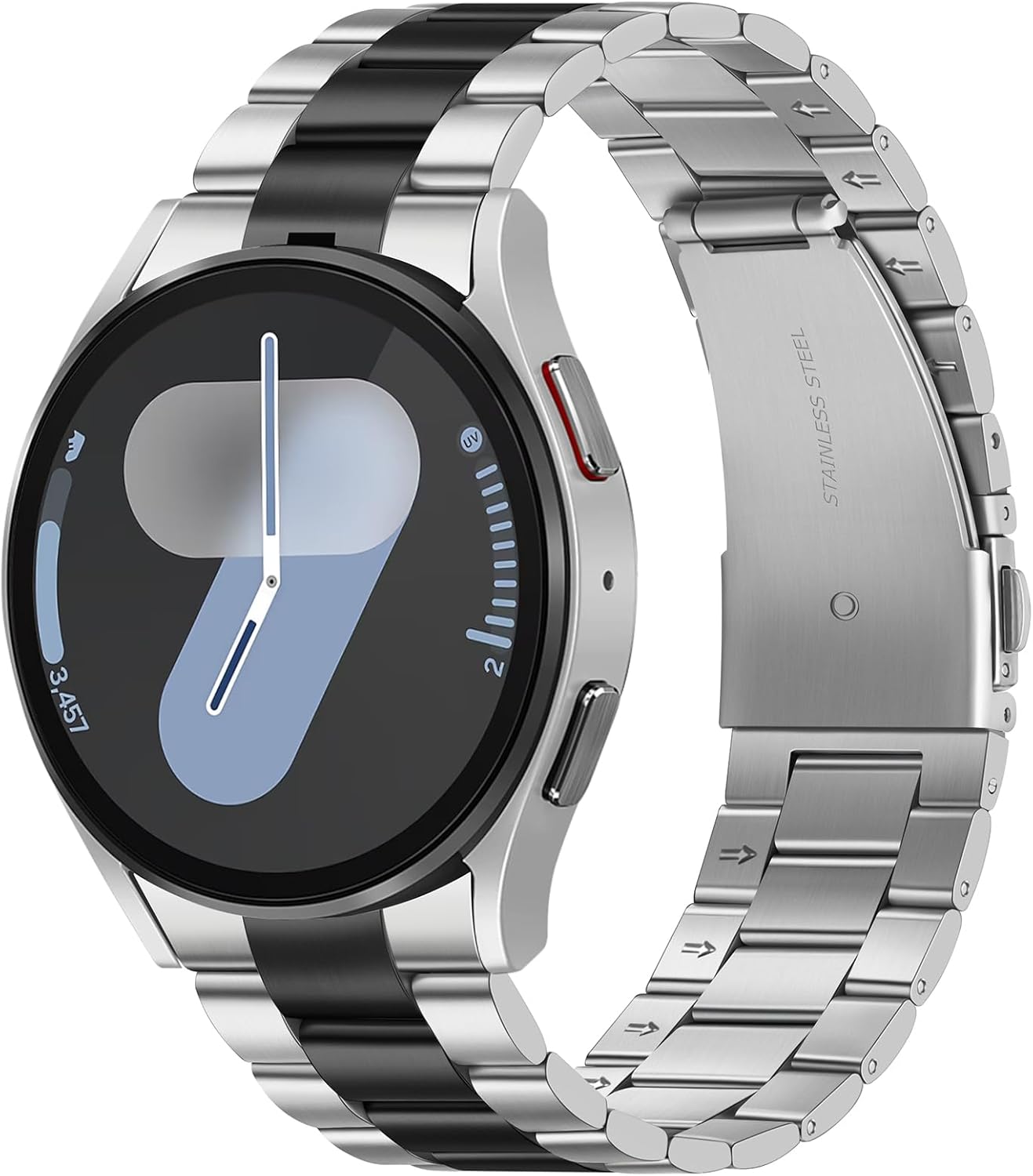 Metal Bands Compatible with Samsung Galaxy Watch 7 6 5 4 FE Band 44mm 40mm/Galaxy Watch 6 Classic 47mm 43mm/5 Pro 45mm, No Gap Stainless Steel Strap for Women and Men, Silver-Black