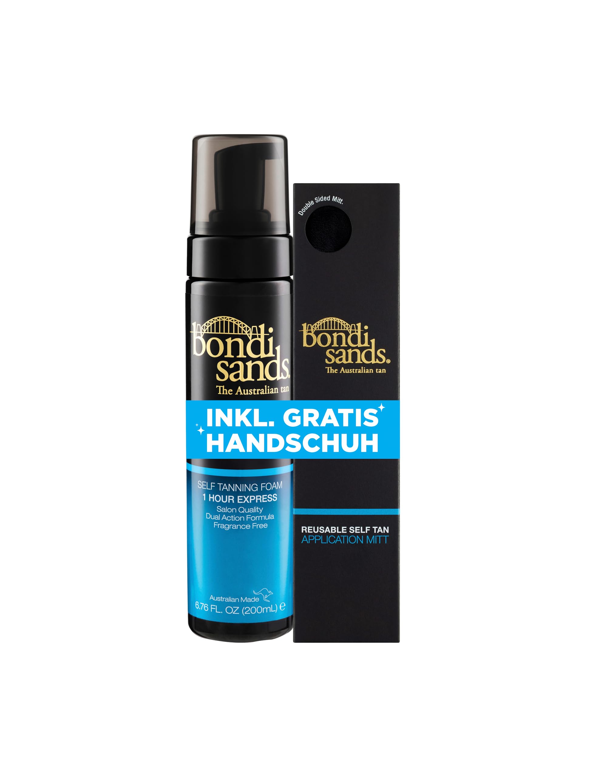 Bondi Sands Self Tanning Set - 1h Express Selbstbräuner Schaum für dunklere Hauttöne, Inhalt: 200 ml - Mit Anwendungshandschuh - Self Tanning Foam mit Aloe Vera - Streifenfreie Bräune