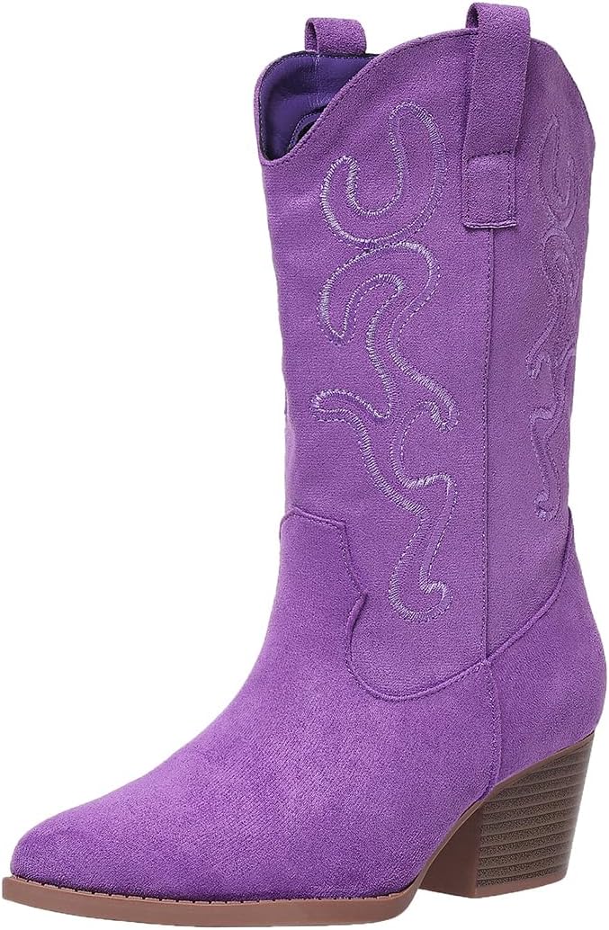 Cowboy Boots for Women Cowgirl Mid Calf Western Style Embroidery Stitched Low Chunky Heel Ladies Fashion Boots, US Size 5-11