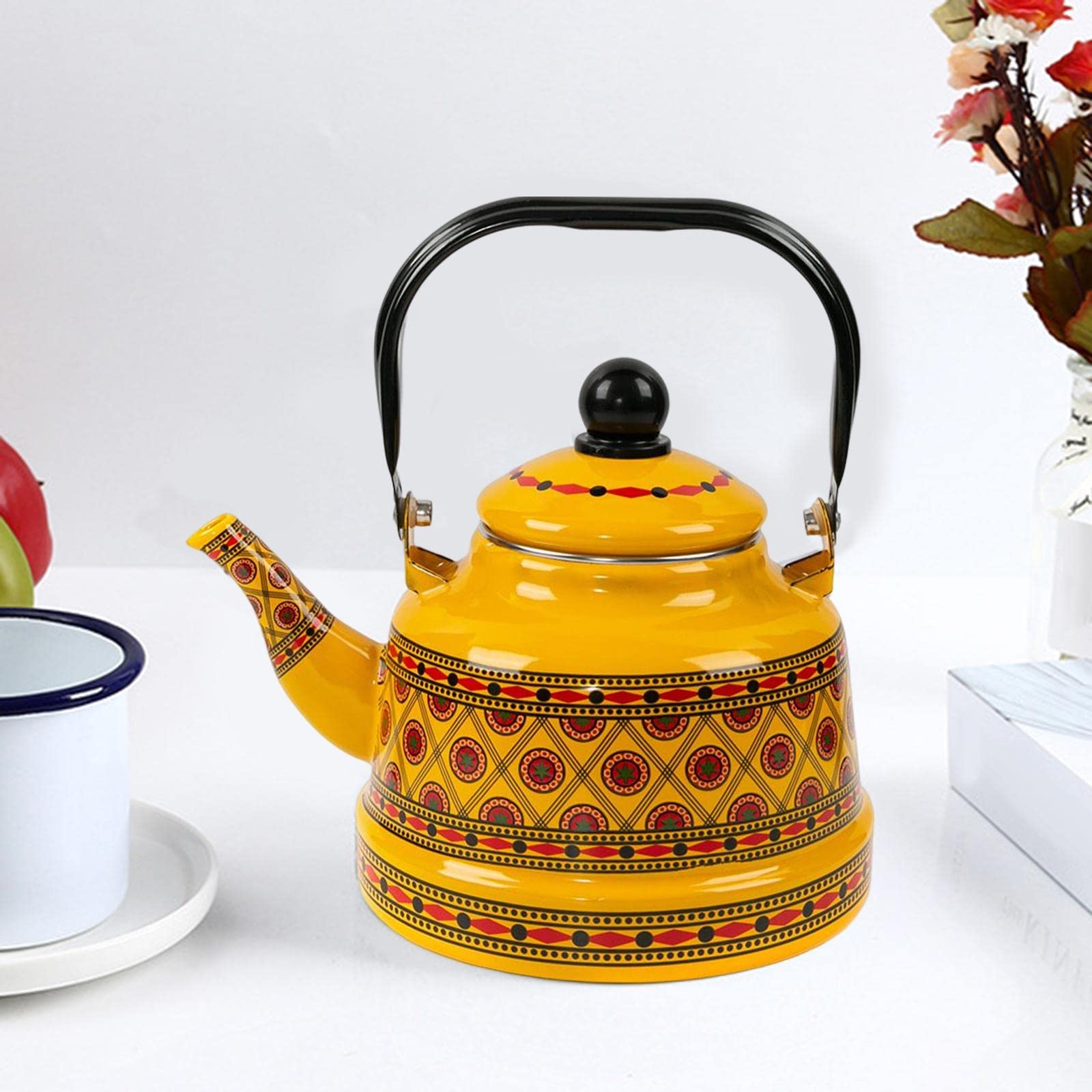 2,5 l emaillierter Teekessel, tragbarer Warmwassertopf, Geschirr, glasiert, klassisches Design, kein Pfeifen, Teekessel für den Herd zum Picknick, gelber Stil B (gelber Stil B)