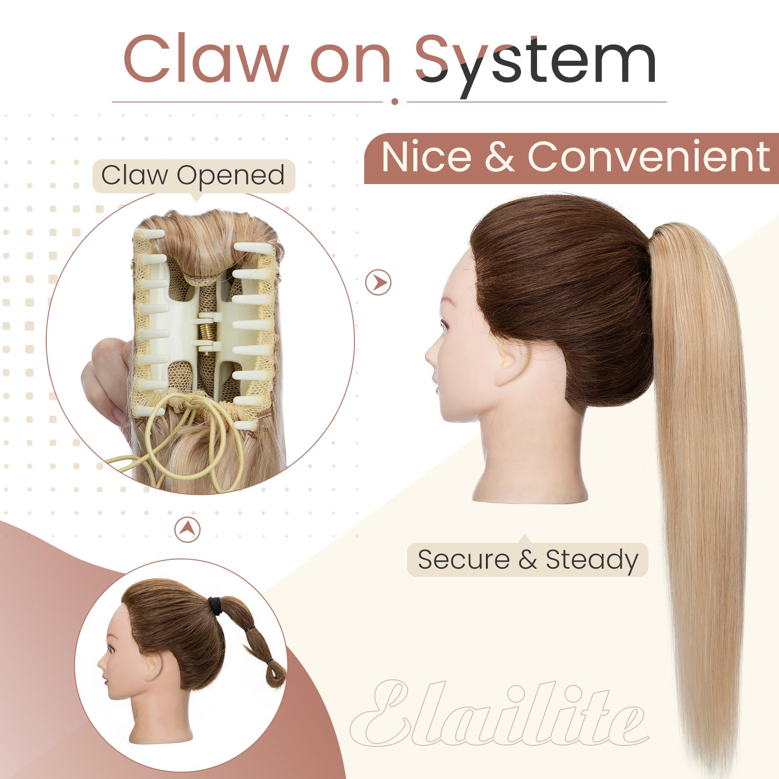 Elailite Claw Clip Ponytail Extension Real Human Hair Natural HairPiece Straight Highlighted (#18/613 Ash Blonde Mix Bleach Blonde - Image 3