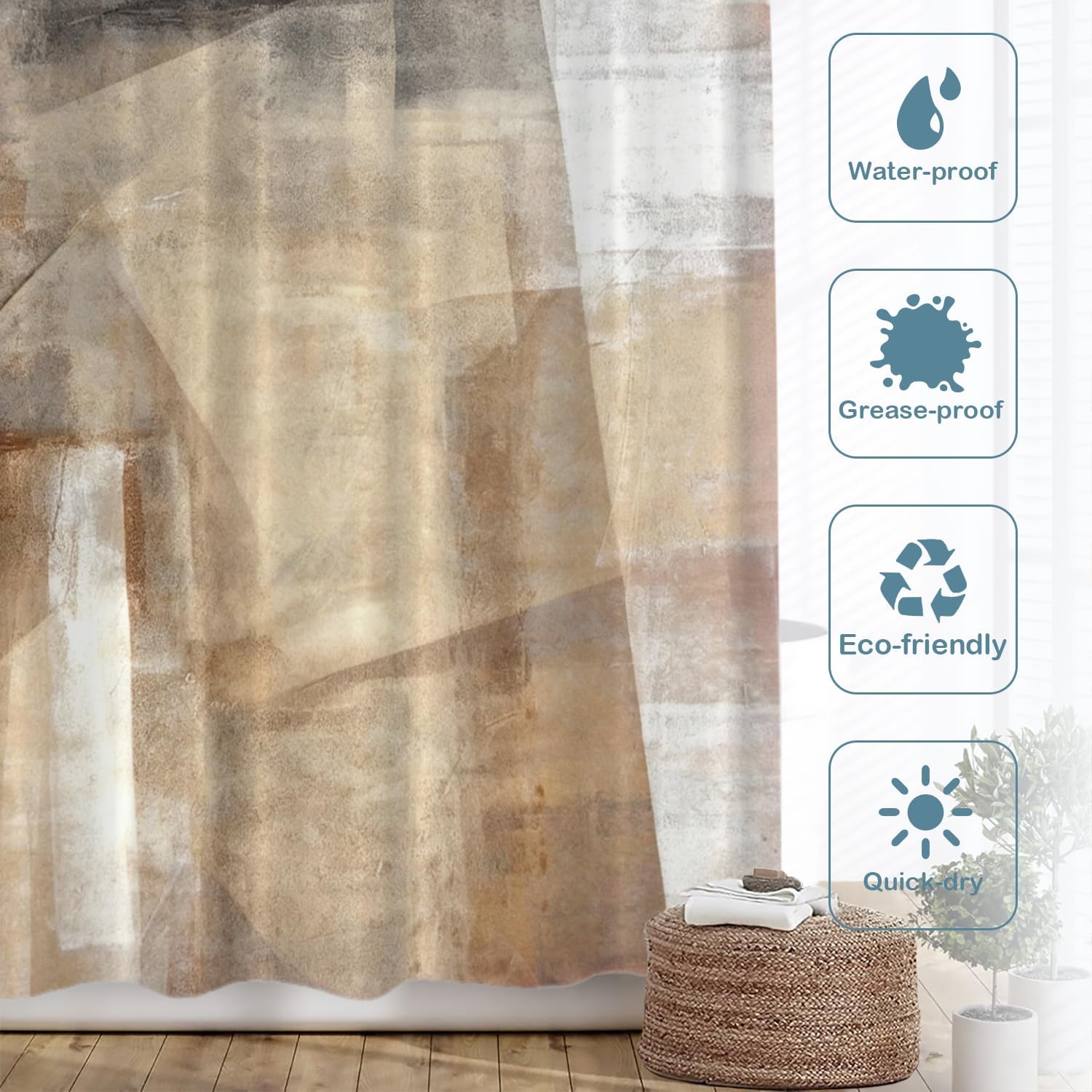 Batmerry Brown Beige Abstract Art Decorative Shower Curtain - Acrylic Painting Design, Long Wide With Rust Proof Grommets for Bathroom, Waterproof Washable