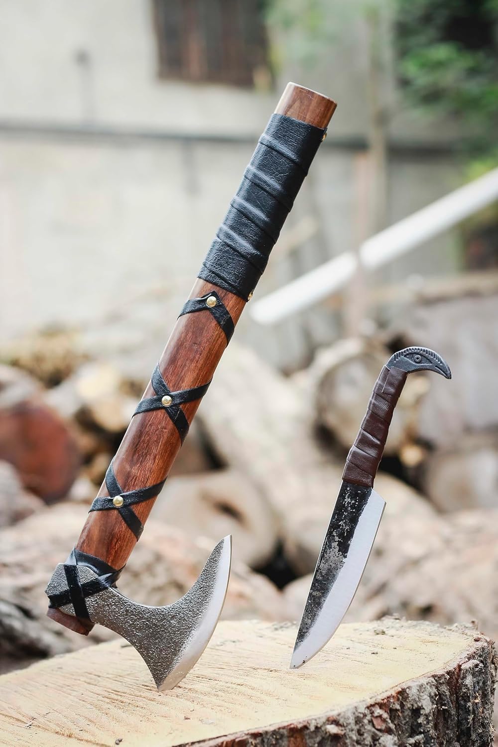 Hand-Forged Viking Axe and Norse Vikings Knife Set | 20" Carbon Steel Axe with Raven-Head Knife with Leather Sheath | Medieval Replica Collectible Gift Set for Men.