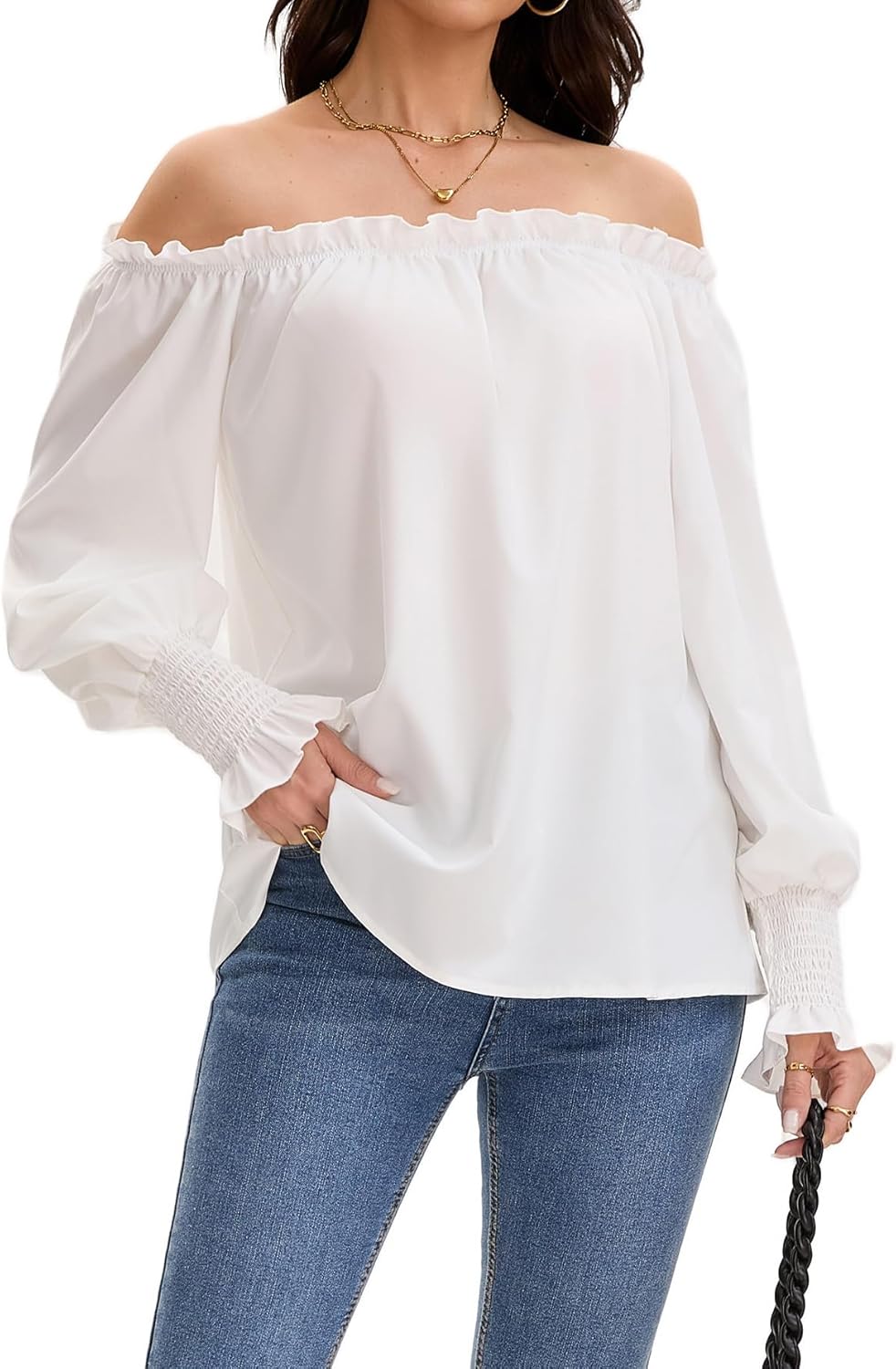Women's Off The Shoulder Top Long Sleeve Ruffle Hem Blouse Casual Loose Shirts - Image 2