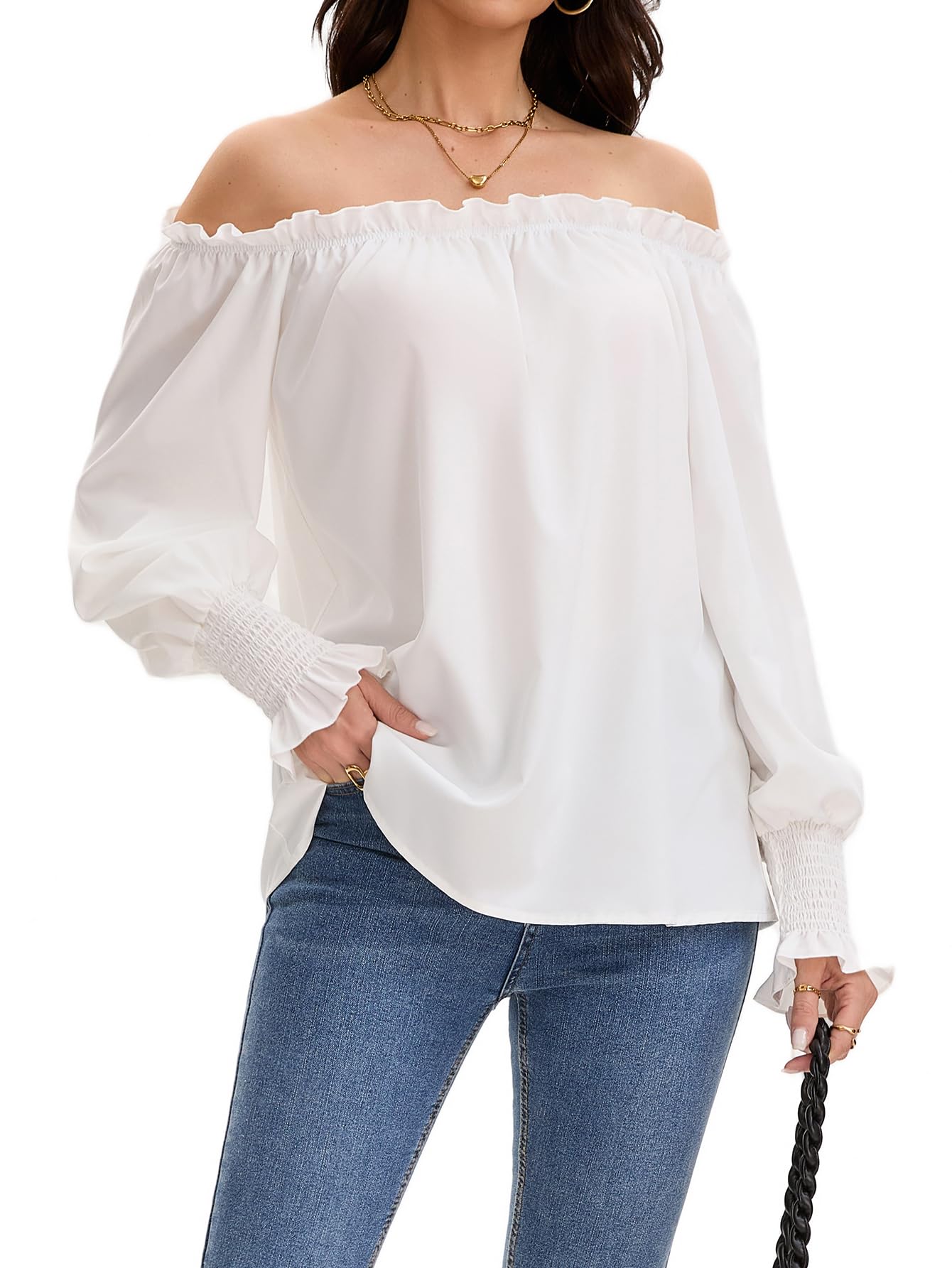 Women's Off The Shoulder Top Long Sleeve Ruffle Hem Blouse Casual Loose Shirts
