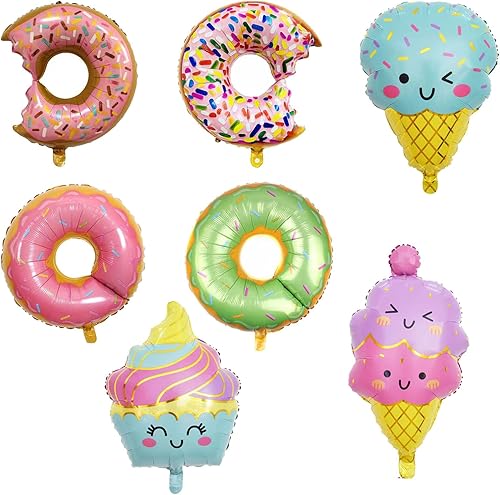 Juego de 7 globos de helado y globos de aluminio de dona, globos de Mylar para helados, verano, Hawaii, Luau, cumpleaños, baby shower, fiesta,