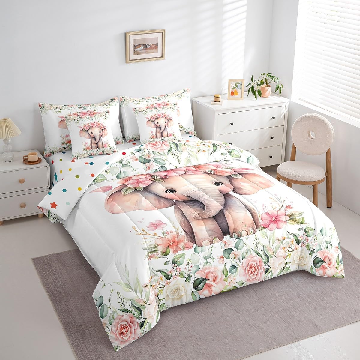 Feelyou Cute Elephant Bedding Set Full Size 7 Pieces Cartoon Animal Comforter Set Flower Floral Print Farm Zoo Garden Theme Bed in a Bag with Comforter, Sheets, Pillowcases & Cushion Cover Bed Set