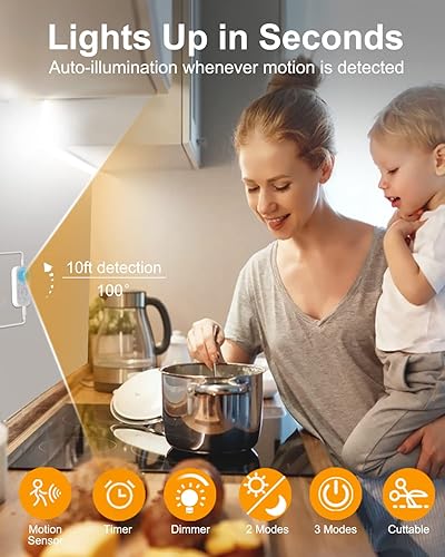 Miniatura 2 de Tira de luz LED con sensor de movimiento, iluminación debajo del gabinete con adaptador de corriente, 6 luces ajustables de brillo y temporizador,