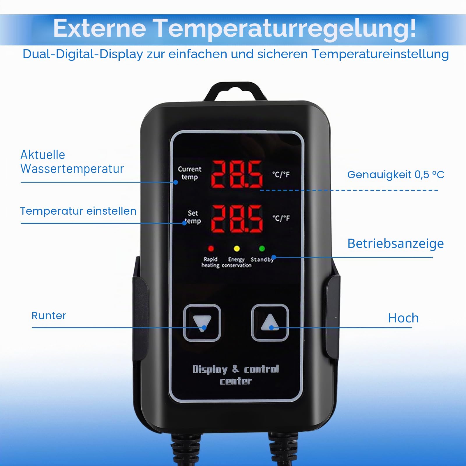 Aquarium Heizung, 500W Einstellbare Aquarium Heizstab mit Externem Digitalanzeige LED Controller, Übertemperaturschutz, Heizung für Aquarien für Salz- und Süßwasser(100-300L)
