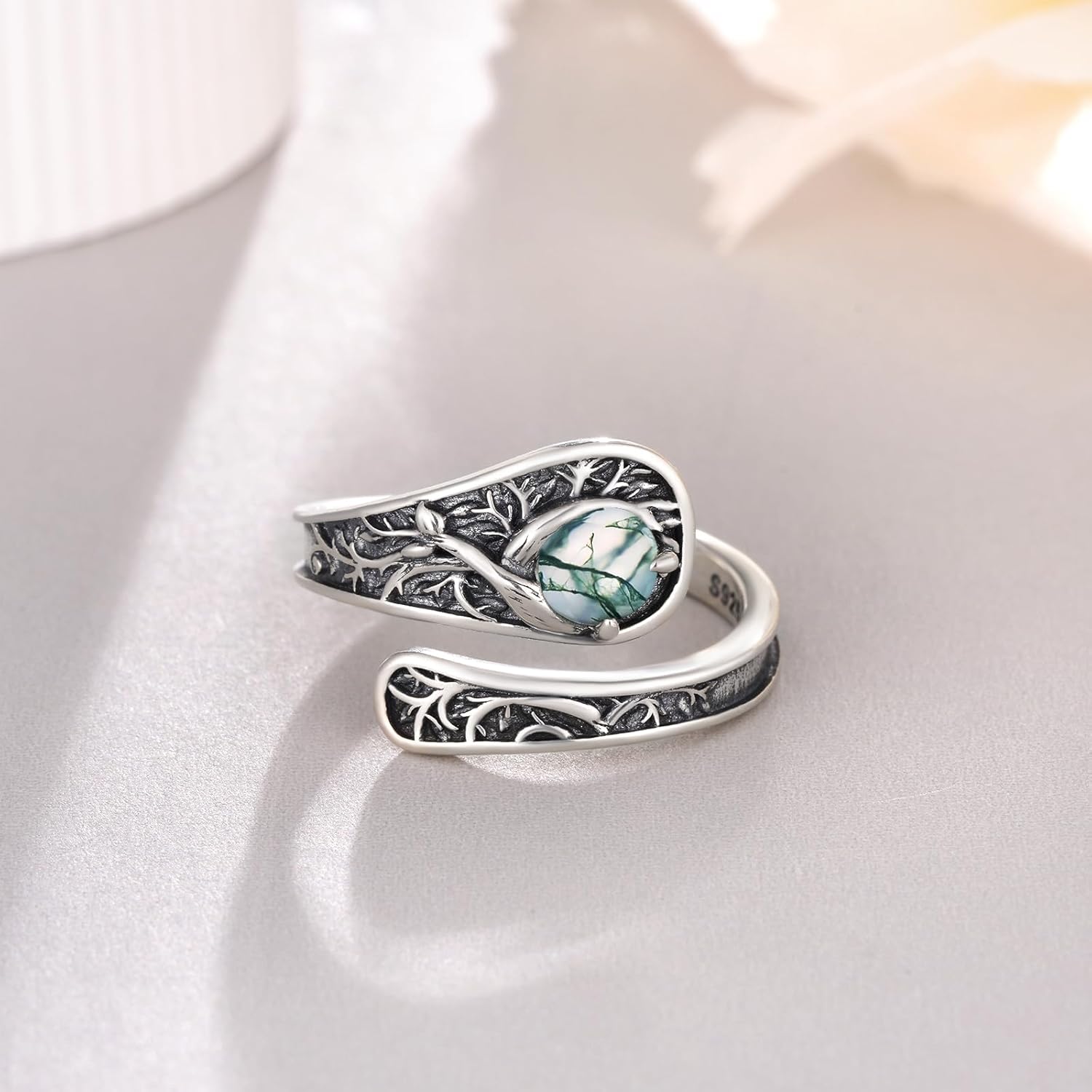 Tree of LIfe Spoon Ring 925 Sterling Silver Moss Agate Spoon Rings for Women Jewelry Gifts for Women