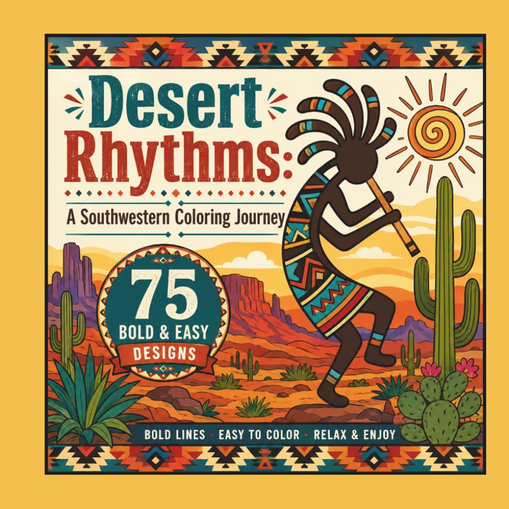 Desert Rhythms: A Southwestern Coloring Journey: 75 Bold & Easy Desert-Inspired Designs Featuring Southwestern Landscapes, Wildlife, Cacti, Sun Motifs, and Relaxing Tribal-Inspired Patterns