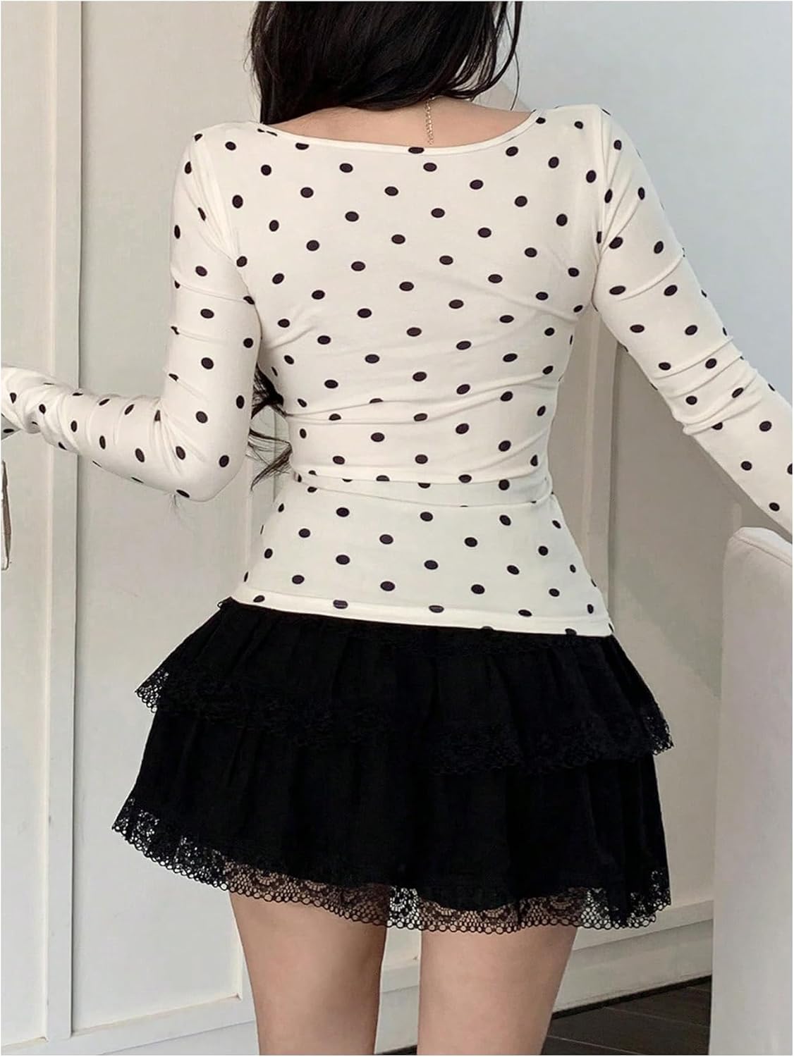 Milumia Women's Polka Dots Top Square Neck Long Sleeve T Shirt Slim Fitted Casual Tee Tops - Image 3