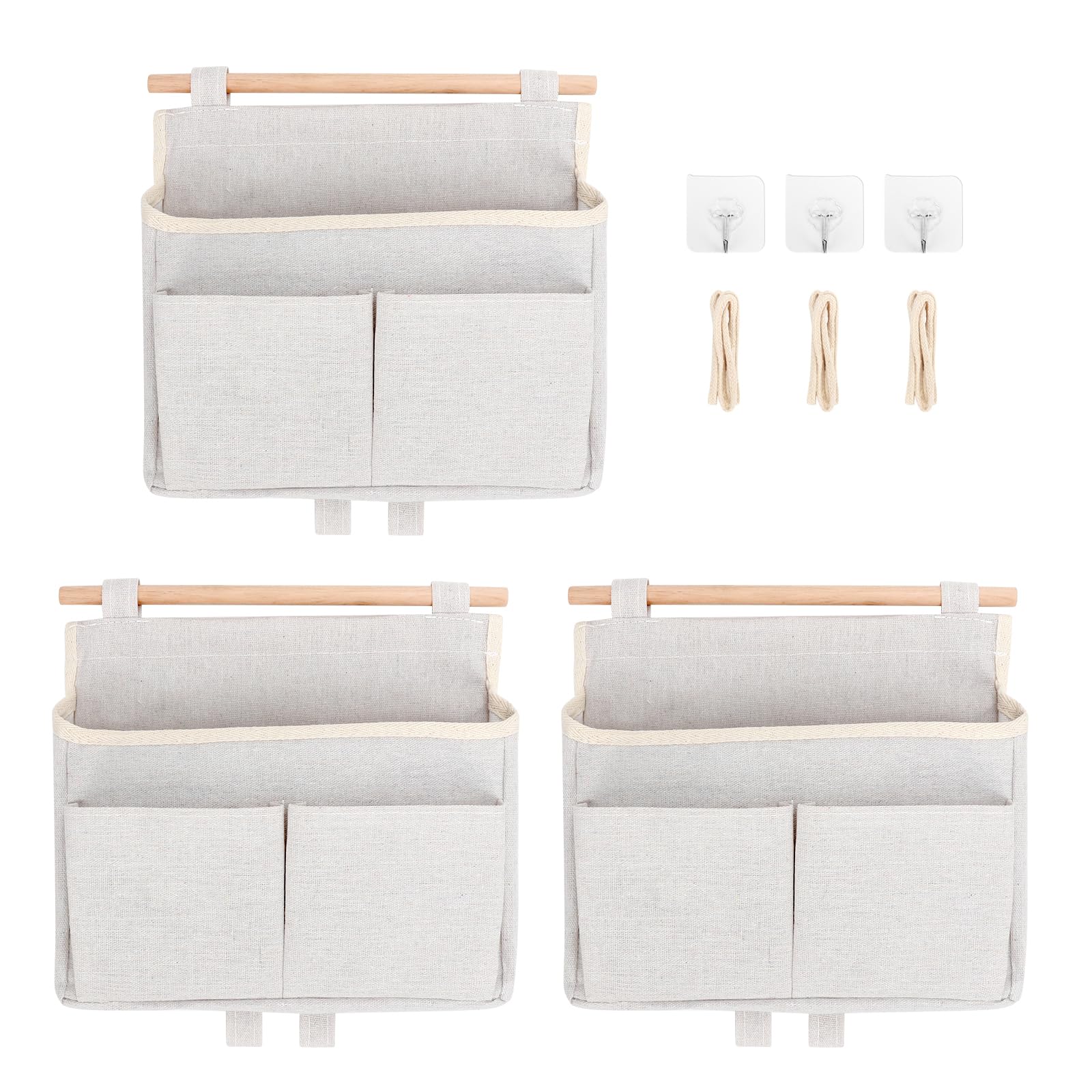 SHMSHNG Pack of 3 Wall Hanging Organiser Bag, Linen Hanging Storage Organiser with Pockets, Foldable Door Organiser, for Home, Office, Bathroom, Bedroom,Children's Room (White)