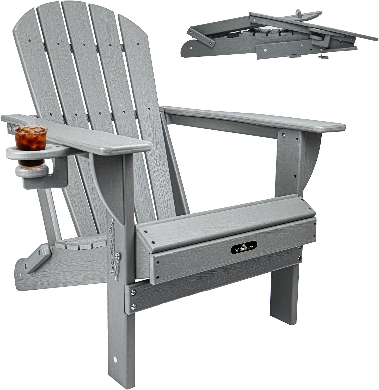 Plastic Adirondack Chairs, HDPE Folding Adirondack Chair with Cup Holder, Wooden Textured Plastic Patio Chairs, Fire Pit Chair for Outdoor, Lawn, Backyard, Grey (Grey 5-Slat Back, 1 Pack)