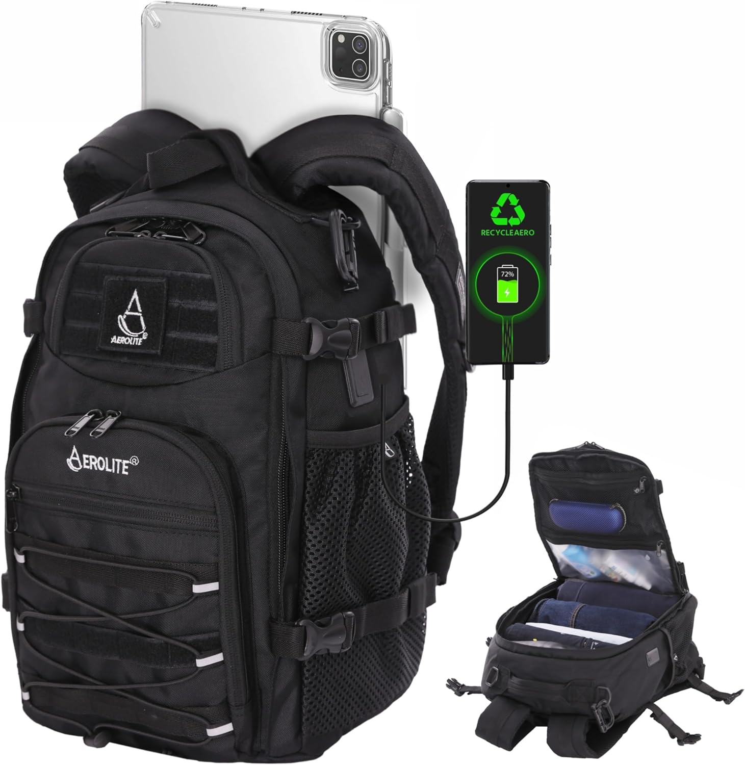 Aerolite 40x20x25cm Ryanair Maximum 20L Tactical Backpack Eco-Friendly Shower-Resistant Camping Hiking Trekking Travel Carry On Hand Cabin Luggage Flight Rucksack Bag 40x20x25 Ryanair Approved Black