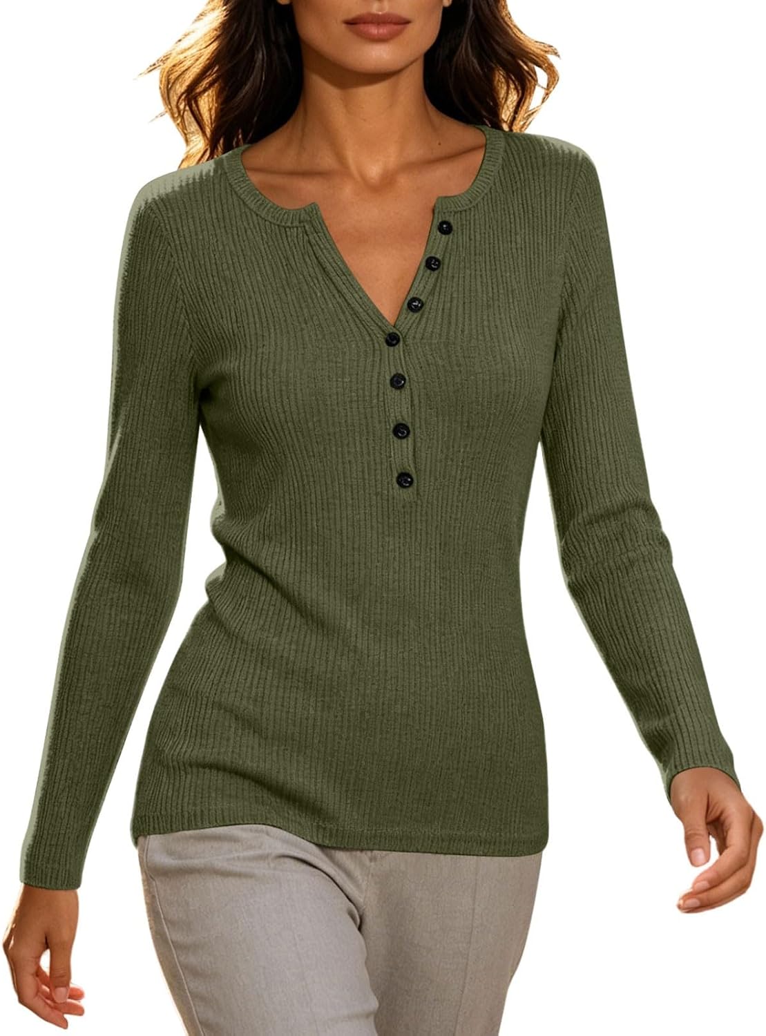 Womens Ribbed Knit Sweater Long Sleeve V Neck Button Front Slim Fit Shirts Fall Winter Casual Lounge Layering Tops